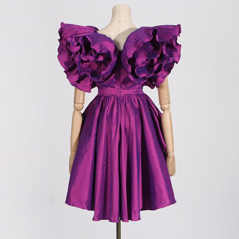 Nouvelle robe d'été en satin violet à volants et col en V pour femme, tenue de soirée élégante et sexy
