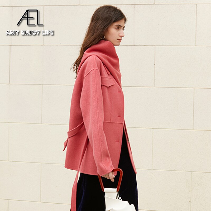 Manteau 100 % laine avec ceinture, veste printemps-automne pour femme, couleur unie avec écharpe, chaud, mode streetwear