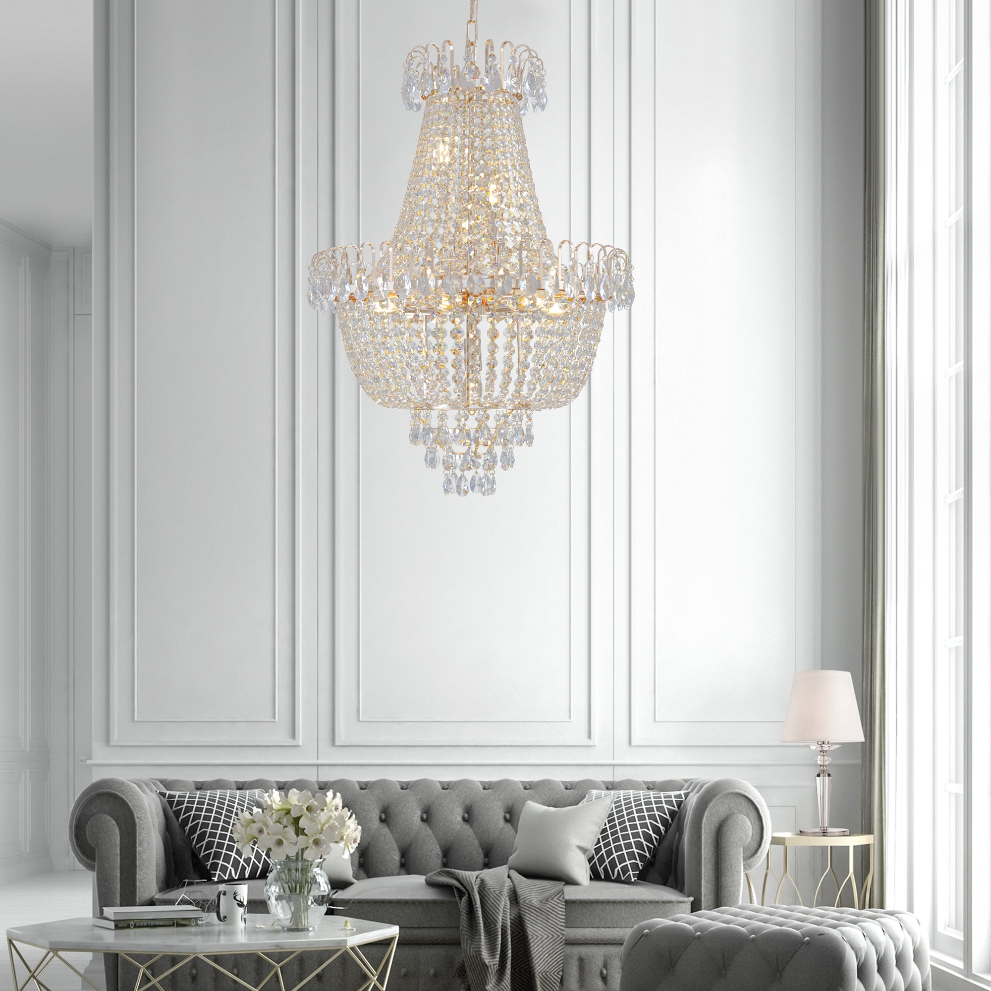 Suspension en cristal doré, grand éclairage de plafond de luxe moderne (sans ampoules)