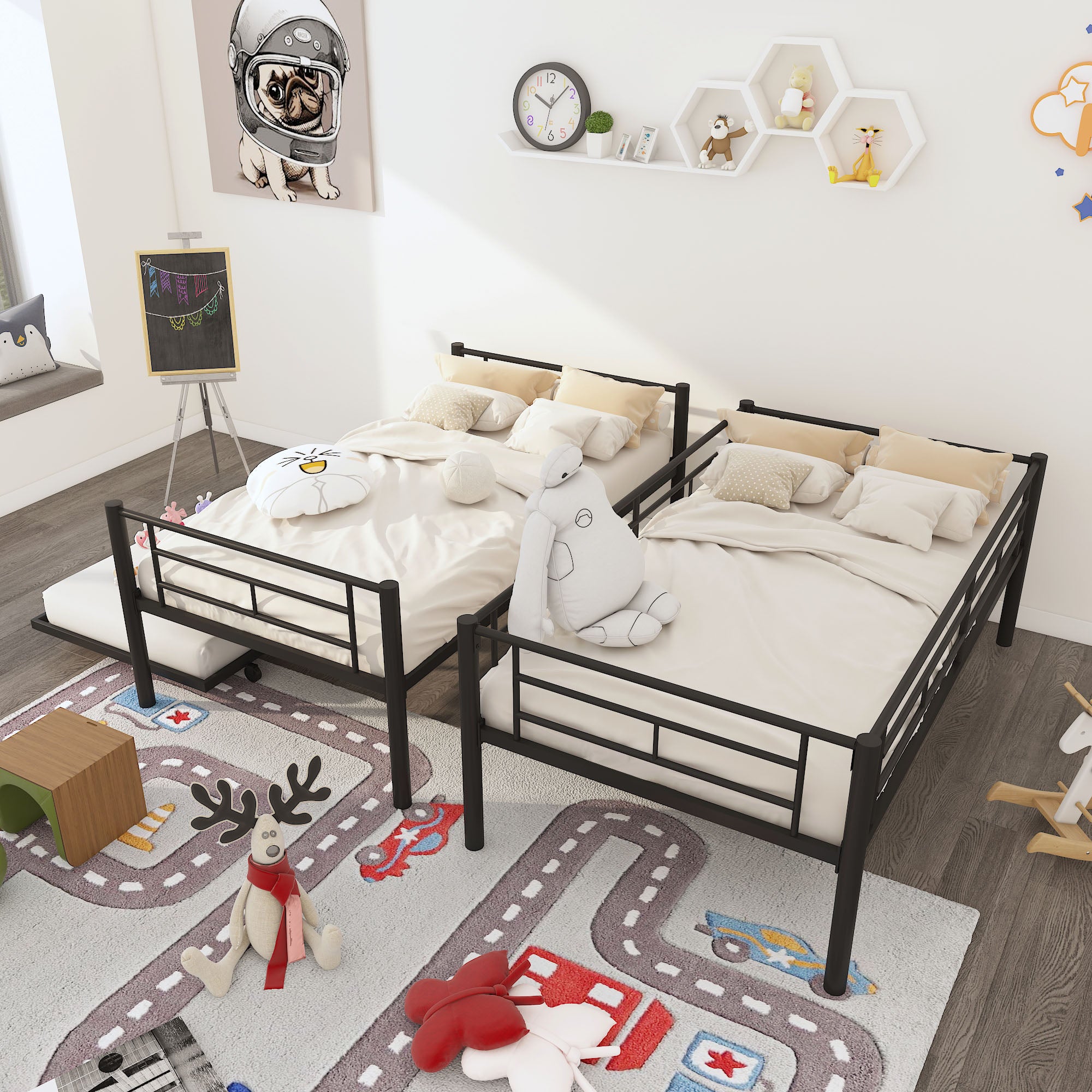 Twin Over Twin Metal Bunk Bed Frame with Trundle(Upgrade reinforcement version)