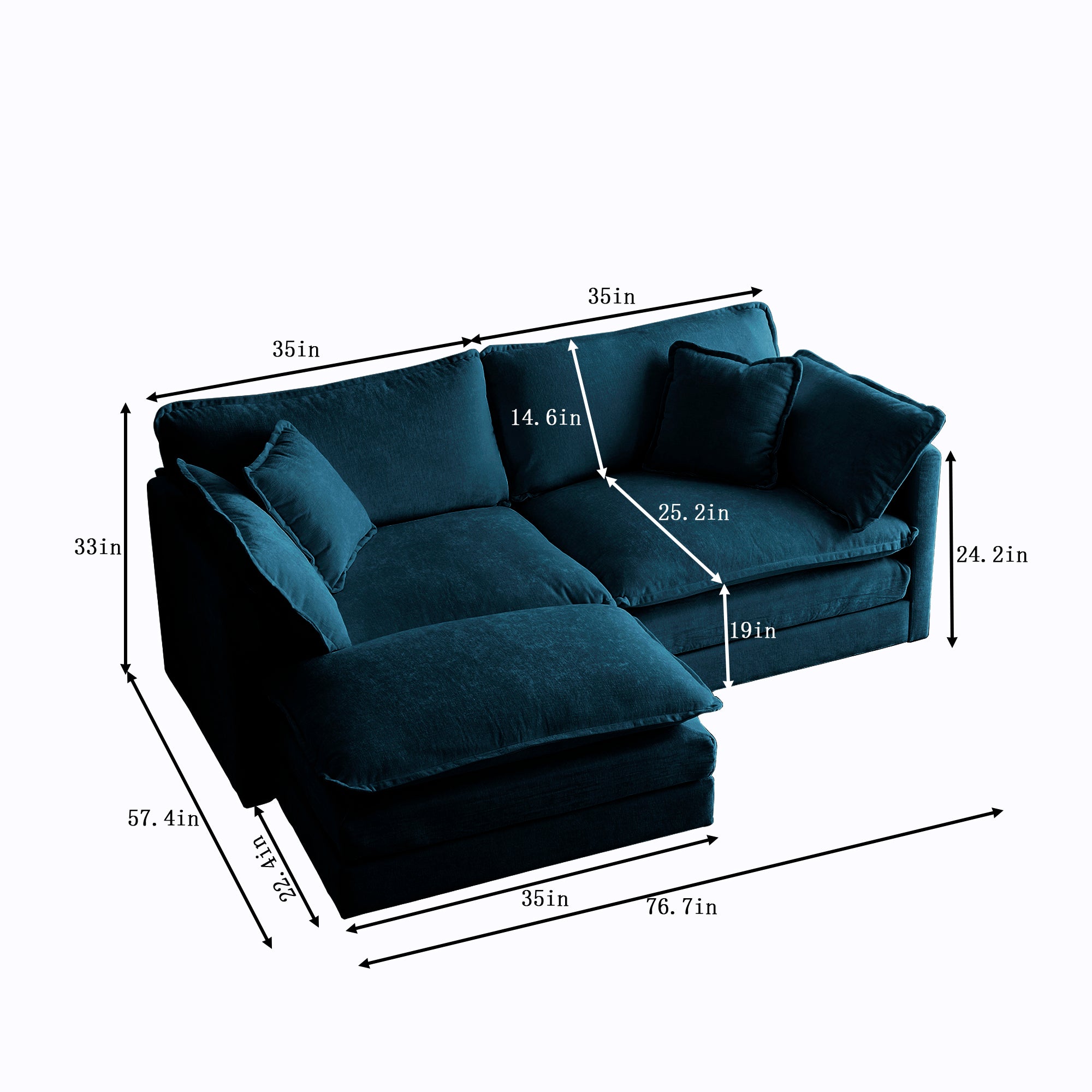 Canapé double en chenille avec 1 pédale, 2 places section en L, style ottoman bleu Chenille