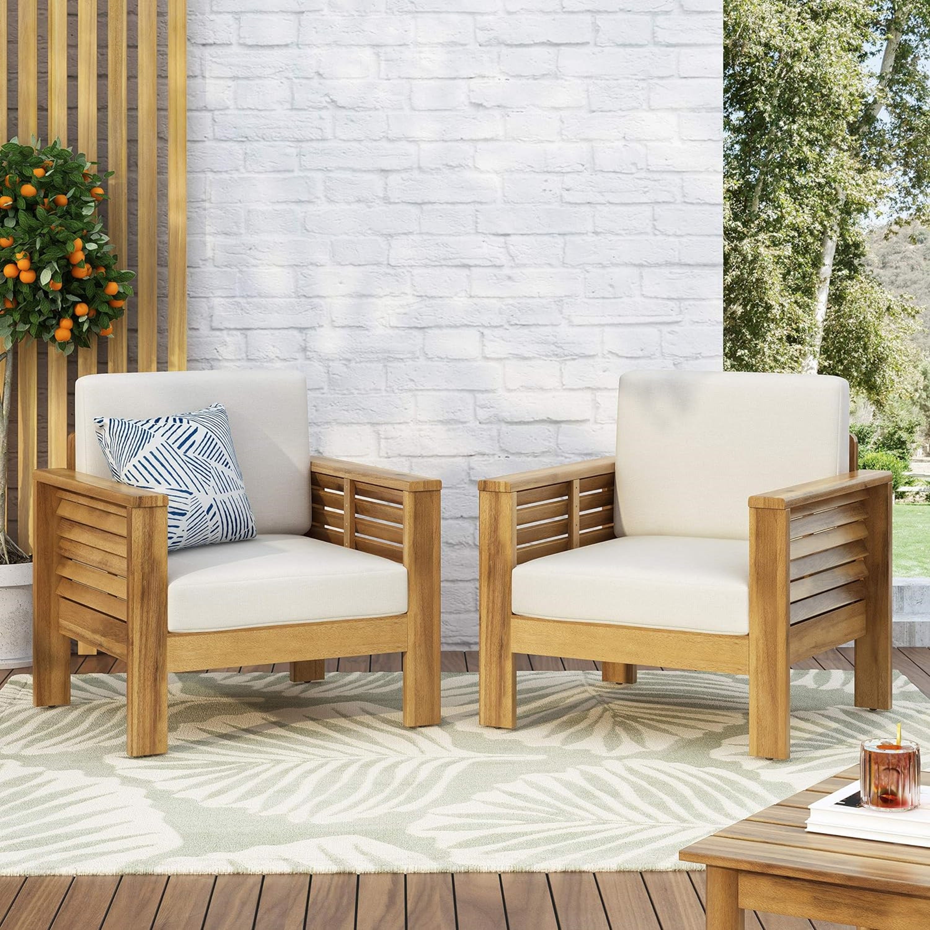 (Lot de 2) Chaises club d'extérieur en bois d'acacia avec coussins, teck + beige, 27,75"P x 32"L x 27,75"H