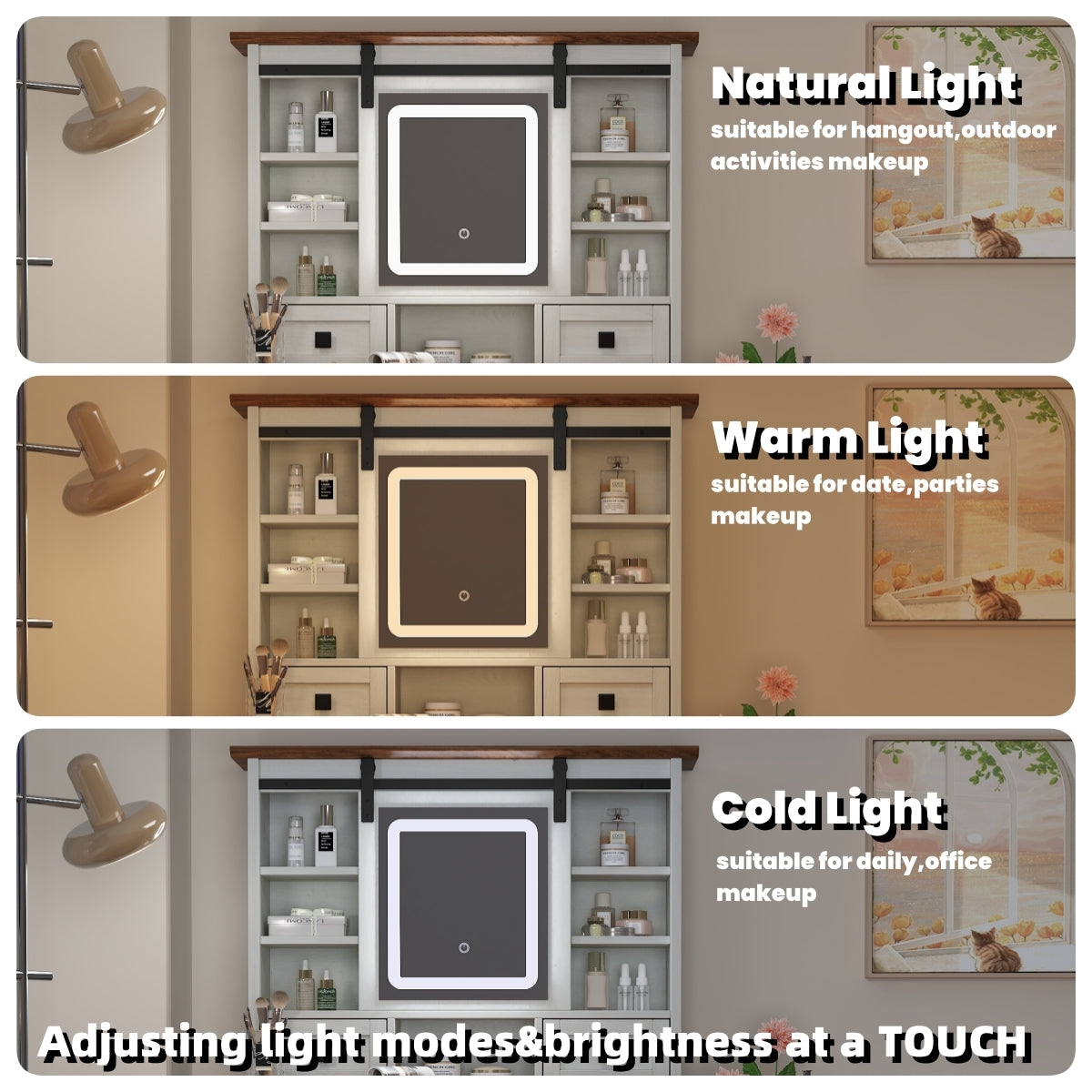 Coiffeuse de 46,5 pouces avec miroir à éclairage LED réglable et station de charge, équipée d'un tabouret rembourré moelleux