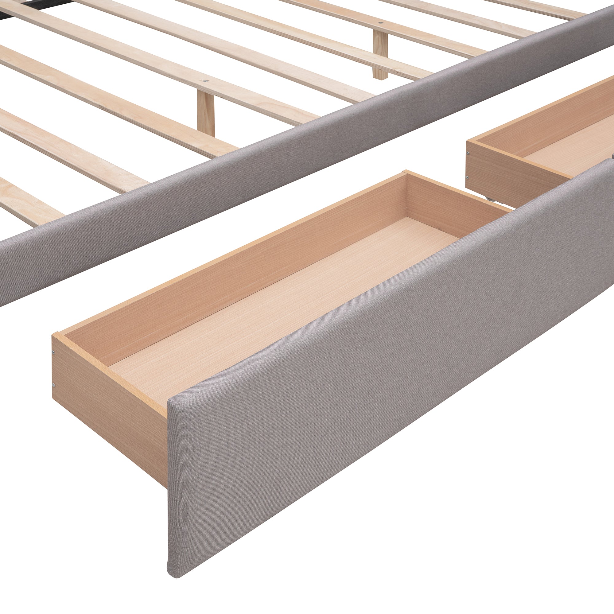 Lit plateforme rembourré avec 2 tiroirs et 1 lit gigogne simple XL en tissu lin, taille Queen - Gris clair