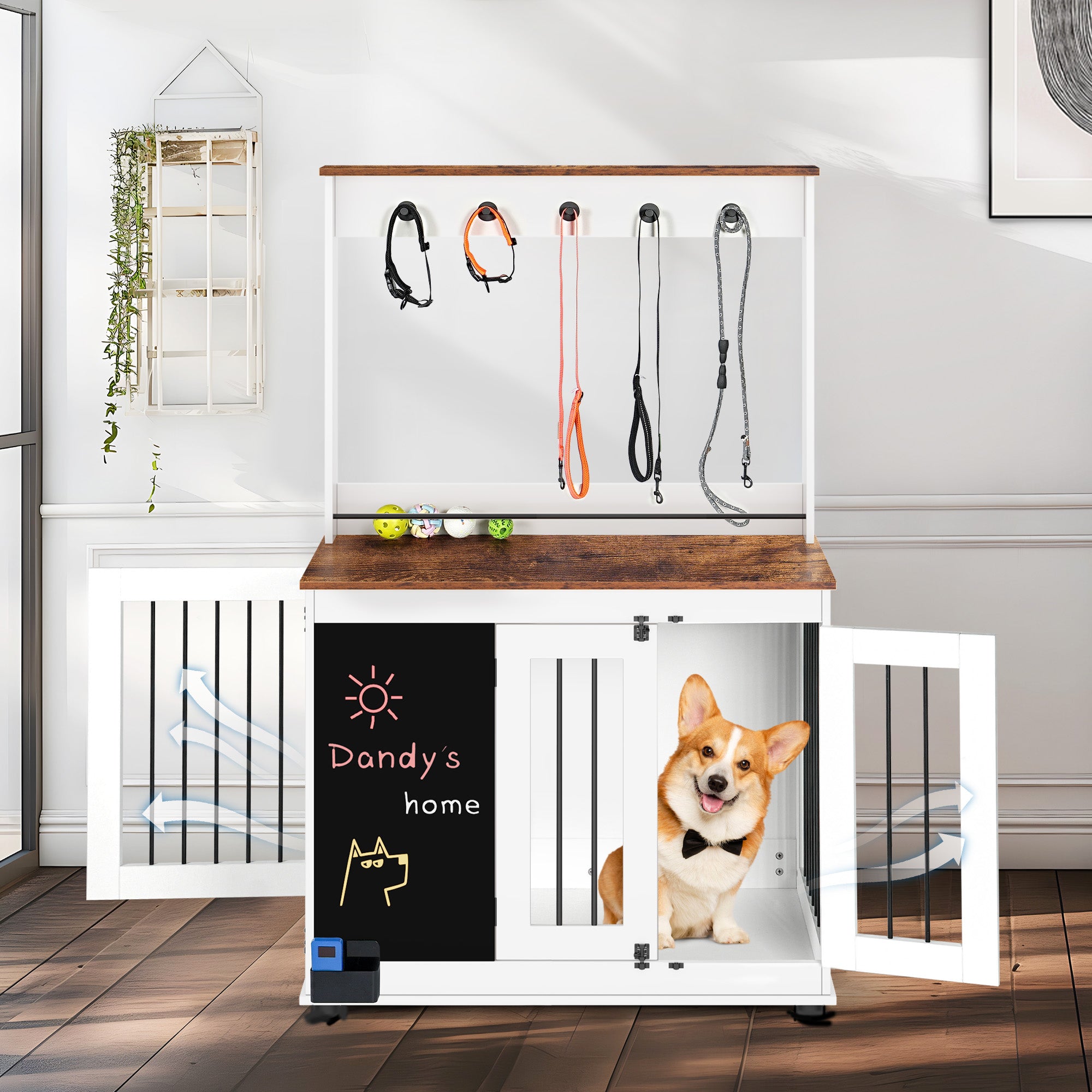 Cage pour chien, cage pour chien Graffiti, chenil avec doubles portes, mobilier d'intérieur de cage, cage pour chien en bois lourd, grand chien, blanc