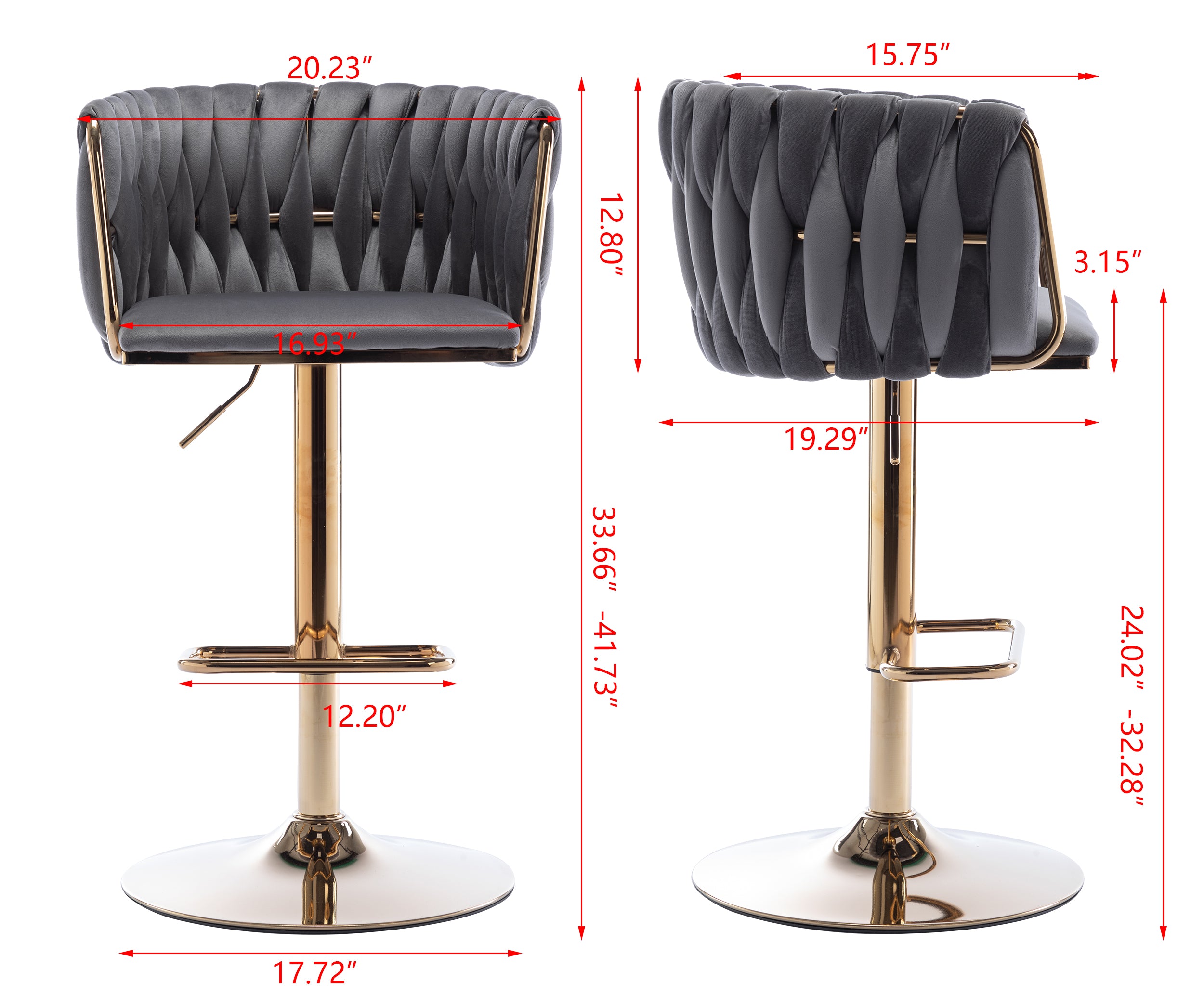 Set of 2 Bar Stools with Chrome Footrest and Base Swivel Height Velvet + Golden Leg Simple Bar Stool-Grey