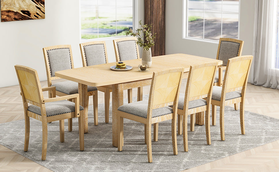 TOPMAX expandable 84 inch dining table set with 24 inch detachable leaves, 6 armless chairs and 2 armchairs 9 pieces natural