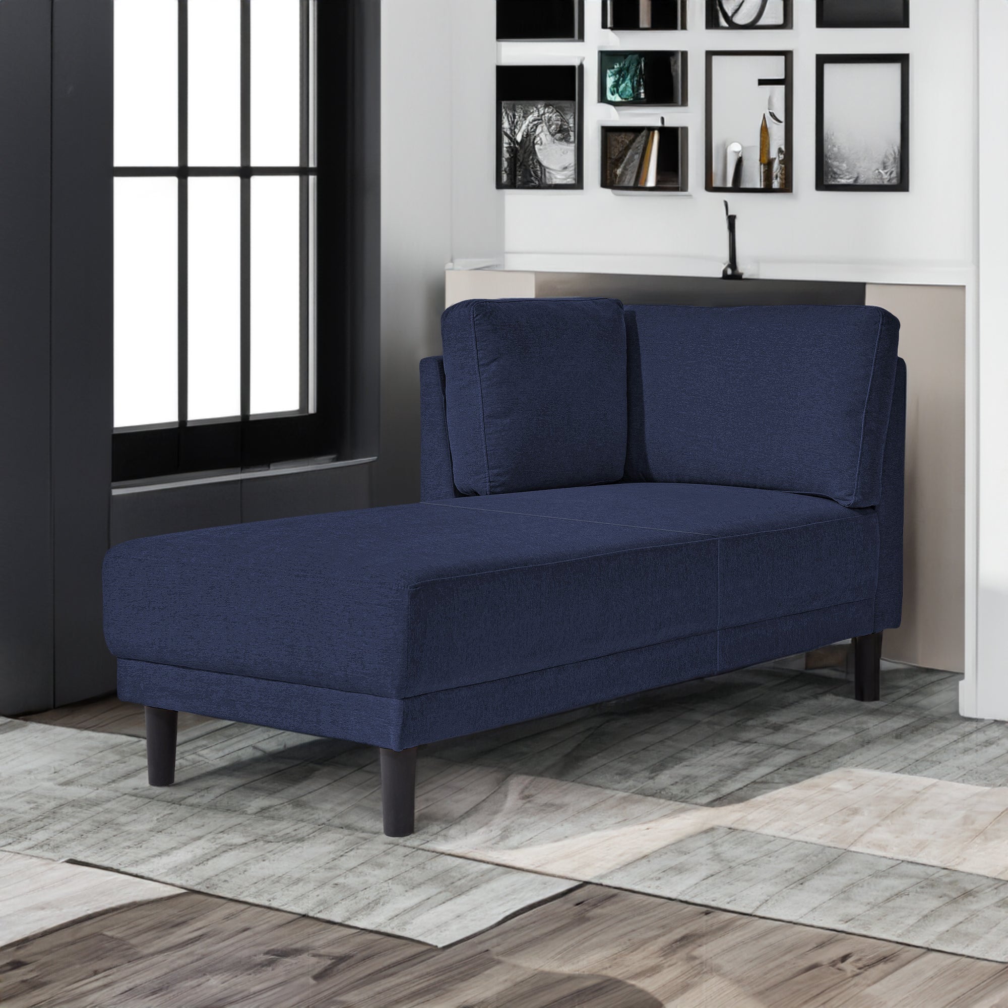 65" Mid-Century Modern Linen Fabric Corner Lounge Chair, Upholstered Indoor Chaise Lounge Solid Wood Sofa Bed for Bedroom