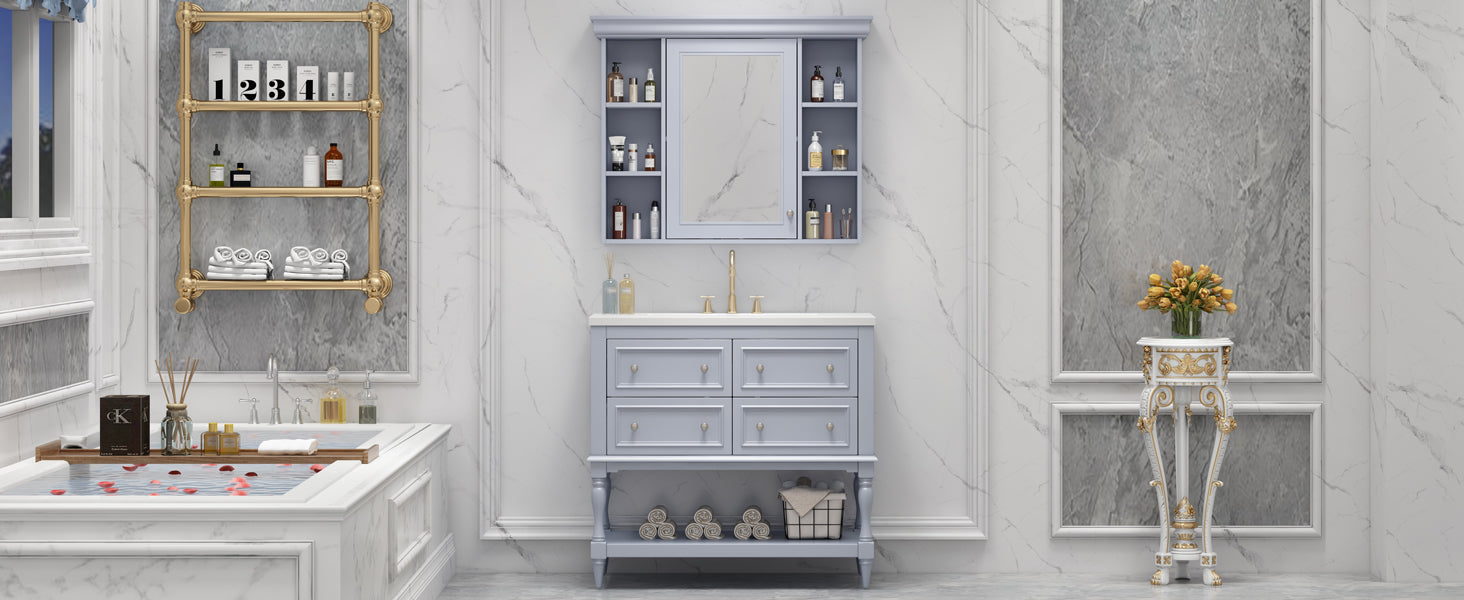 Meuble-lavabo de salle de bain 36'' avec armoire à pharmacie, armoire à miroir moderne avec étagère réglable, meuble de rangement de salle de bain avec 4 tiroirs