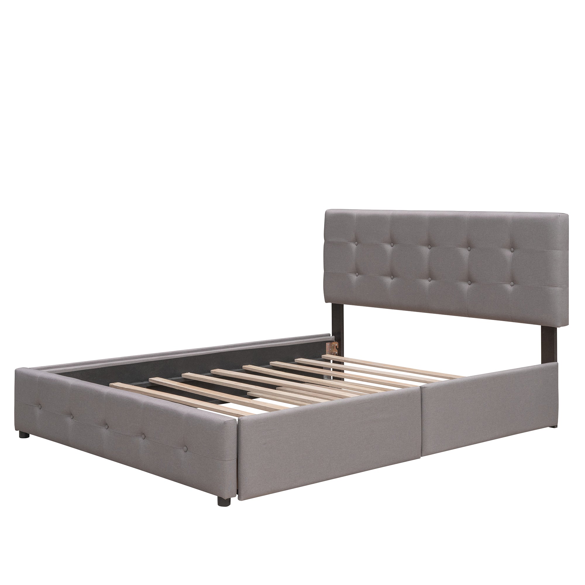 Lit plateforme rembourré avec 2 tiroirs et 1 lit gigogne simple XL en tissu lin, taille Queen - Gris clair