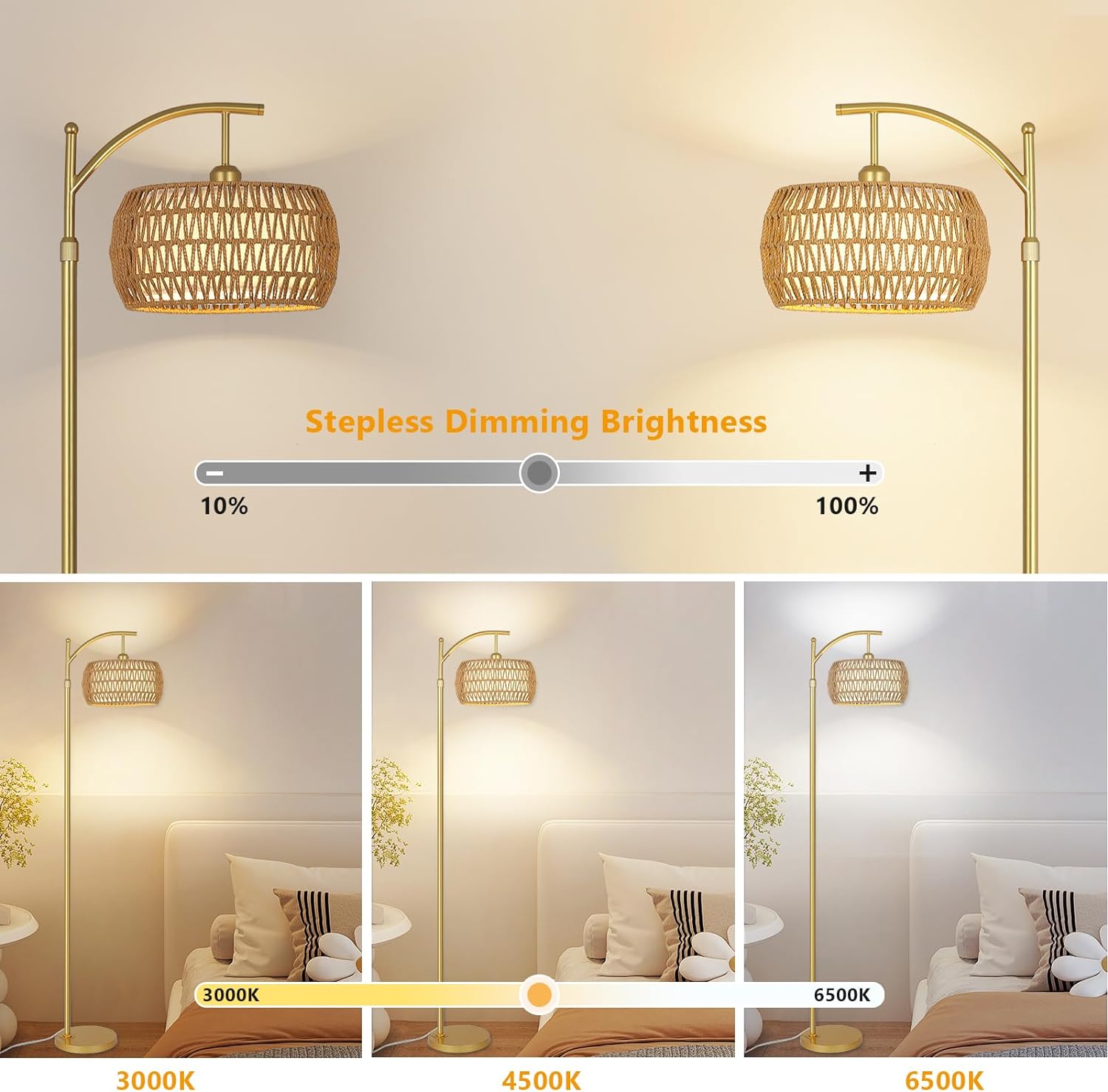 Lampadaire arqué à 3 températures de couleur, lampadaire LED doré avec télécommande et ampoule à intensité variable, lampe sur pied bohème