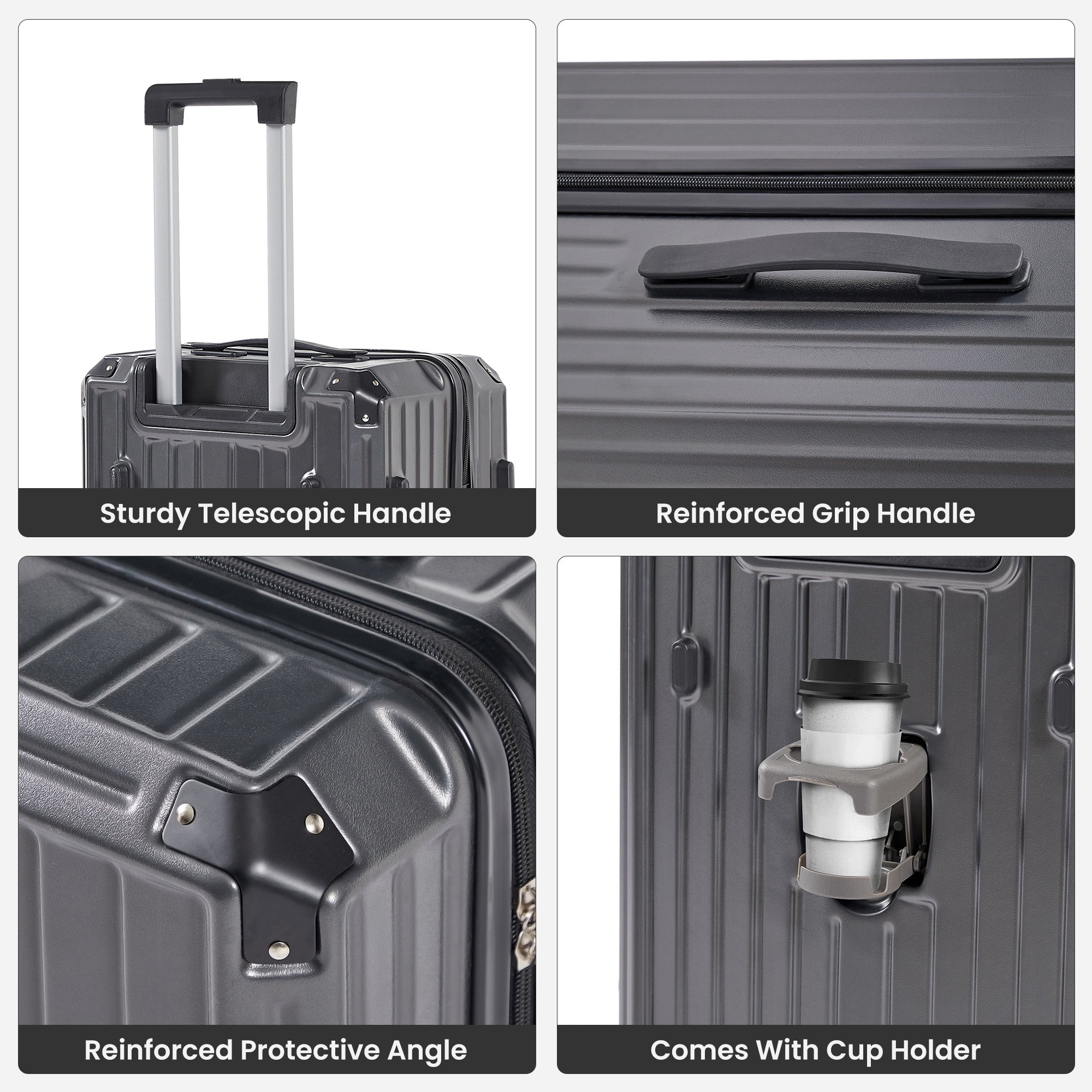 Ensemble de 4 valises (50, 61, 73, 74 cm, sac de voyage), valises légères et résistantes en PC et ABS avec porte-gobelet pliable, serrure TSA, gris