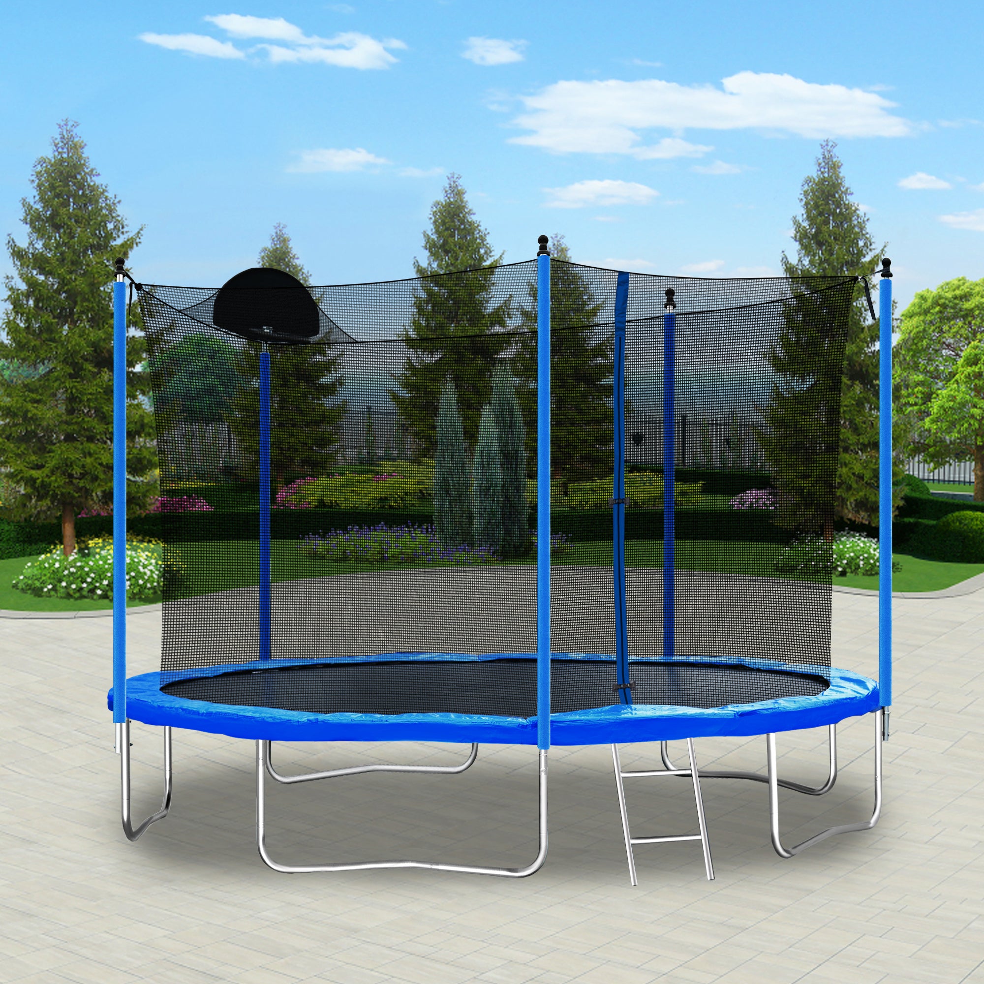 Trampoline de 12 pieds pour adultes et enfants avec panier de basket, trampolines d'extérieur avec échelle et filet de sécurité pour enfants et adultes