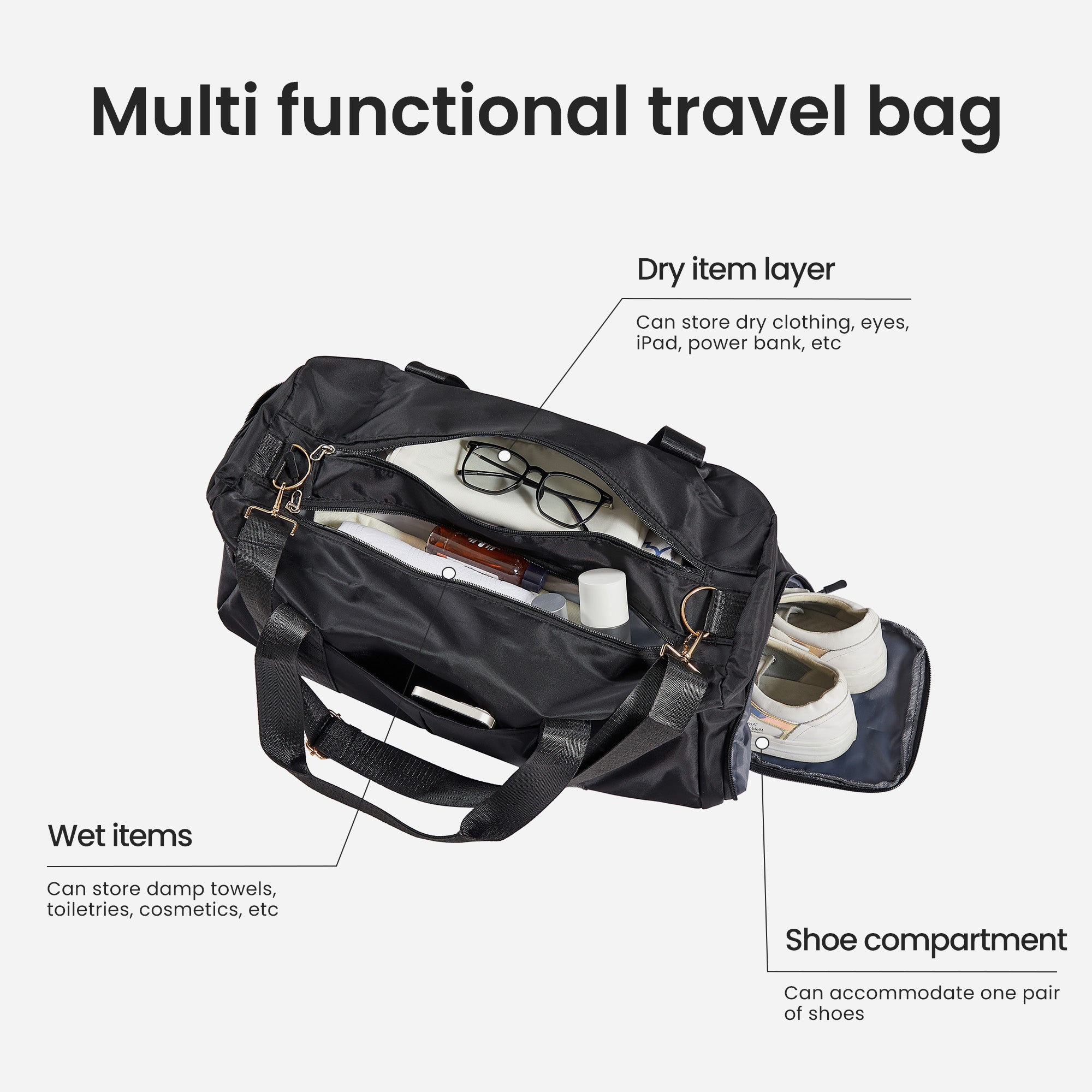 Ensemble de 4 valises (50, 61, 73, 74 cm, sac de voyage), valises légères et résistantes en PC et ABS avec porte-gobelet pliable, serrure TSA, gris