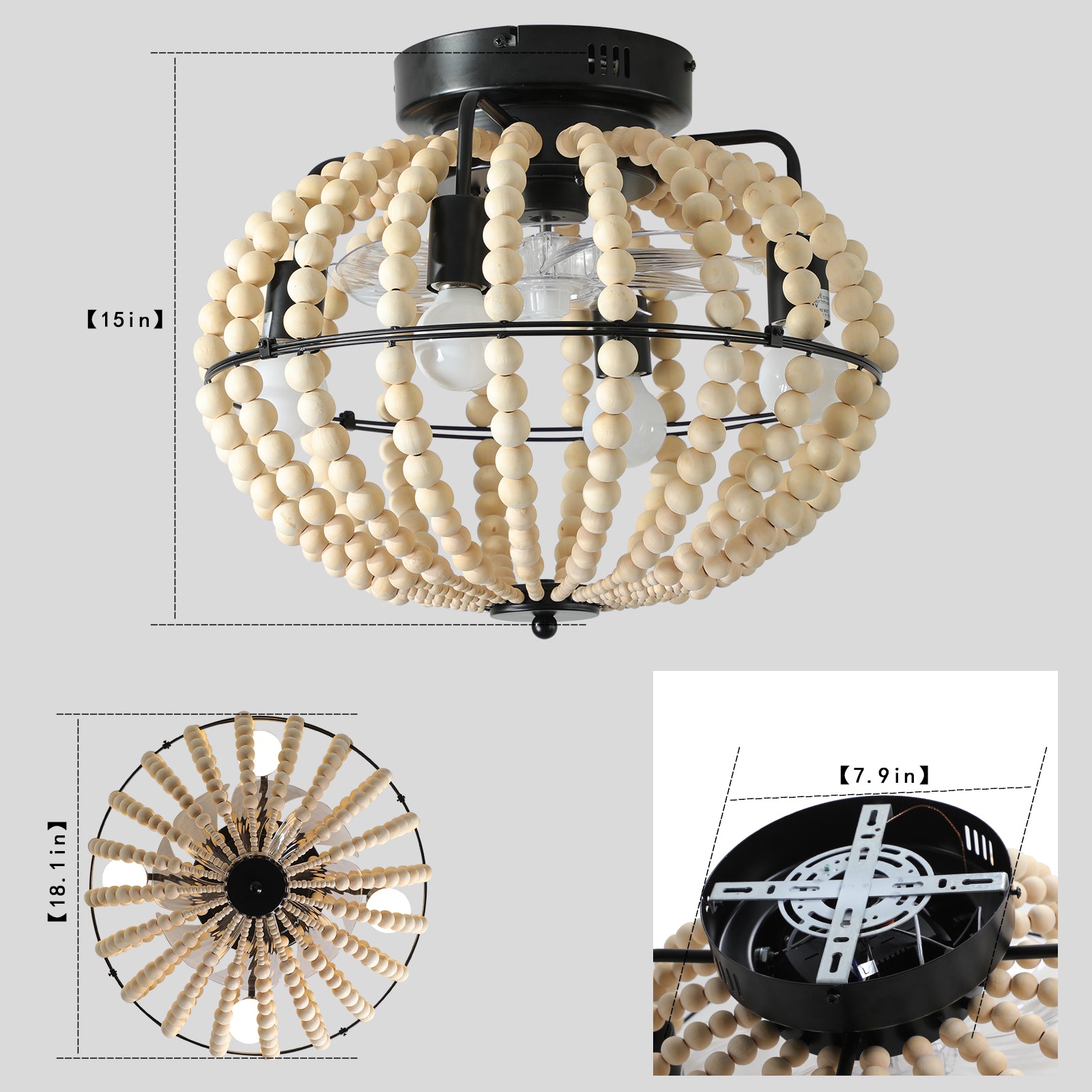 Lampe éventail perlée Lustre en bois perlé Chêne Blanc