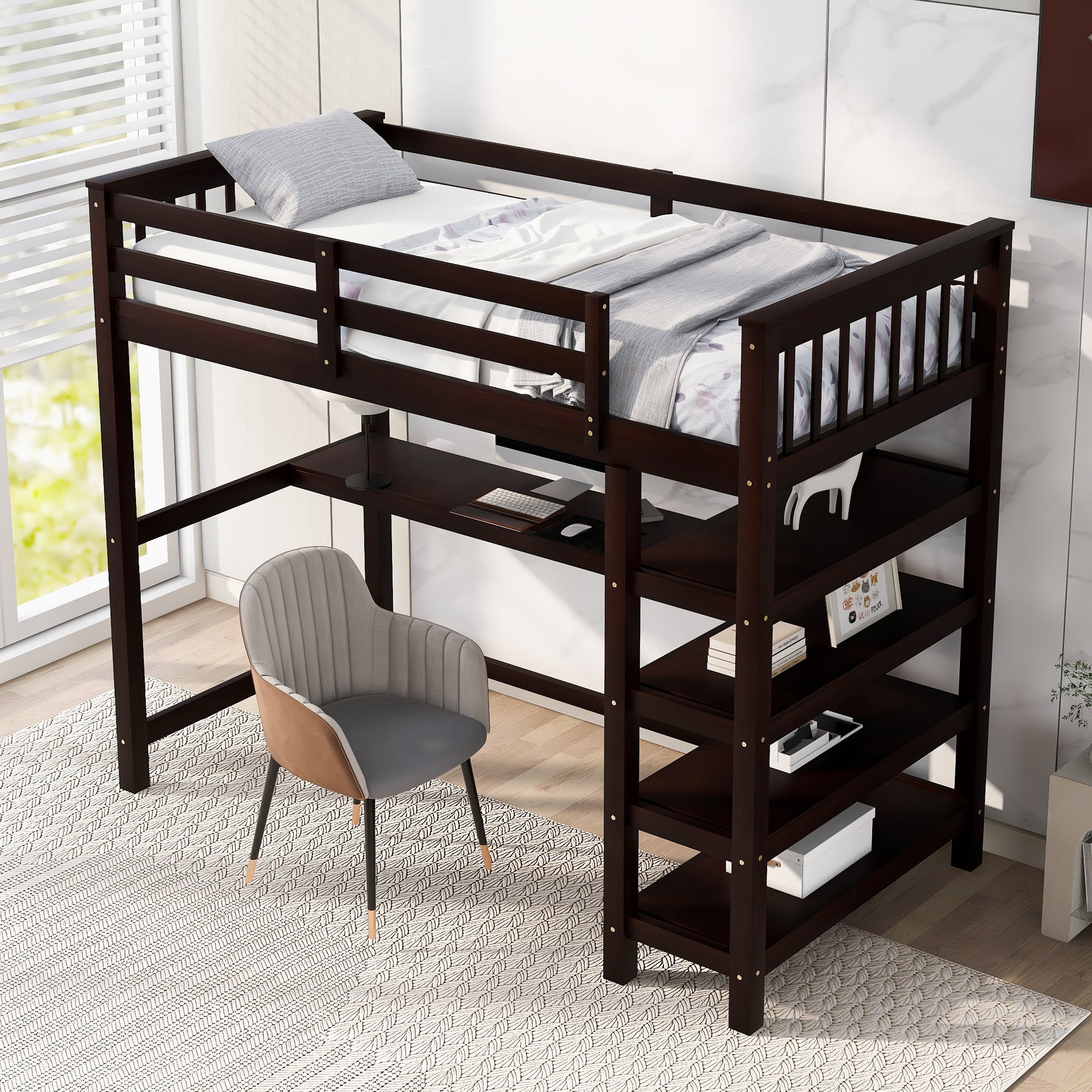 Twin Size Loft Bed with Storage Shelves and Under-bed Desk Espresso