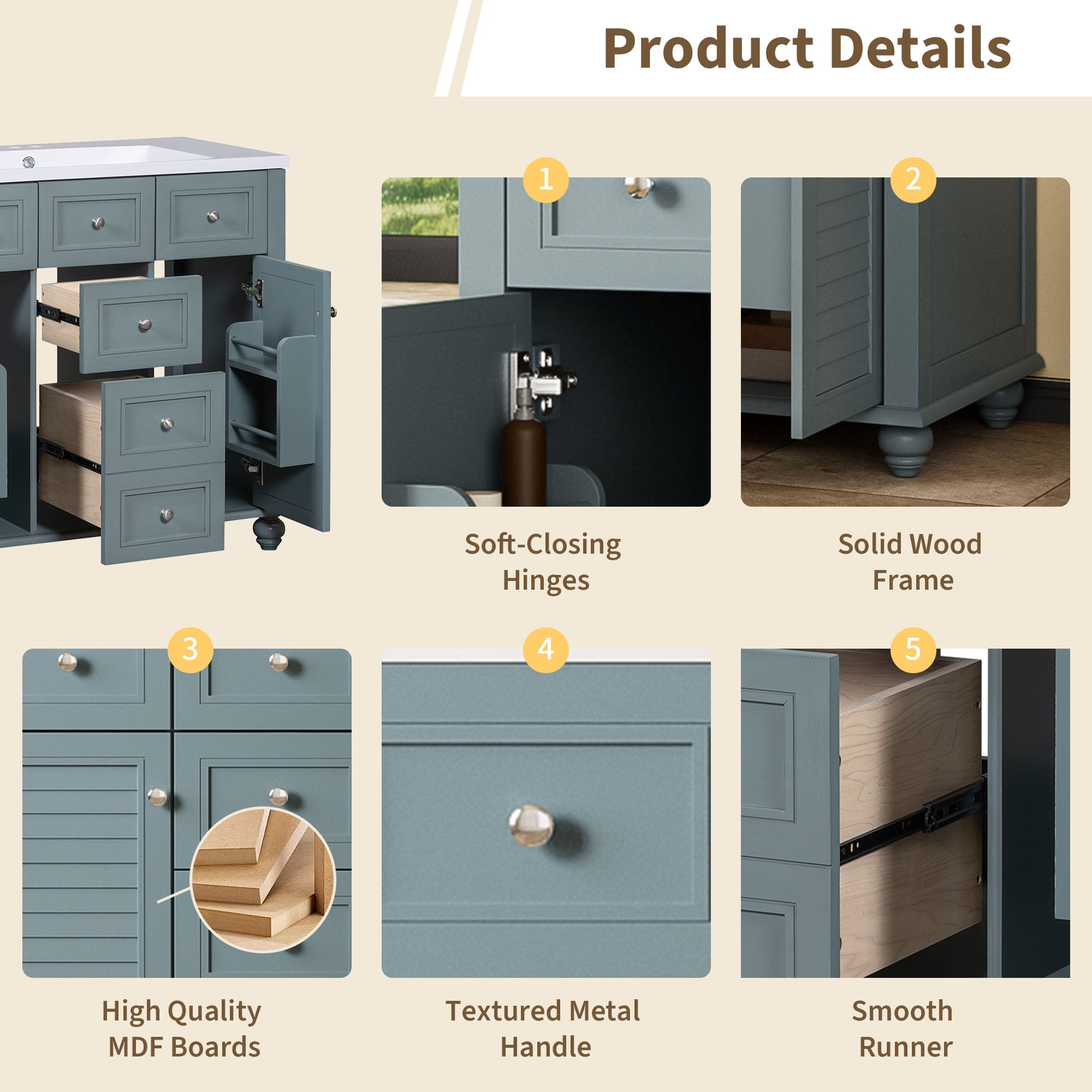 Armoire à miroir moderne de 36 pouces avec étagères réglables, 2 portes à fermeture douce et 6 organisateurs de portes d'armoire de rangement à tiroirs