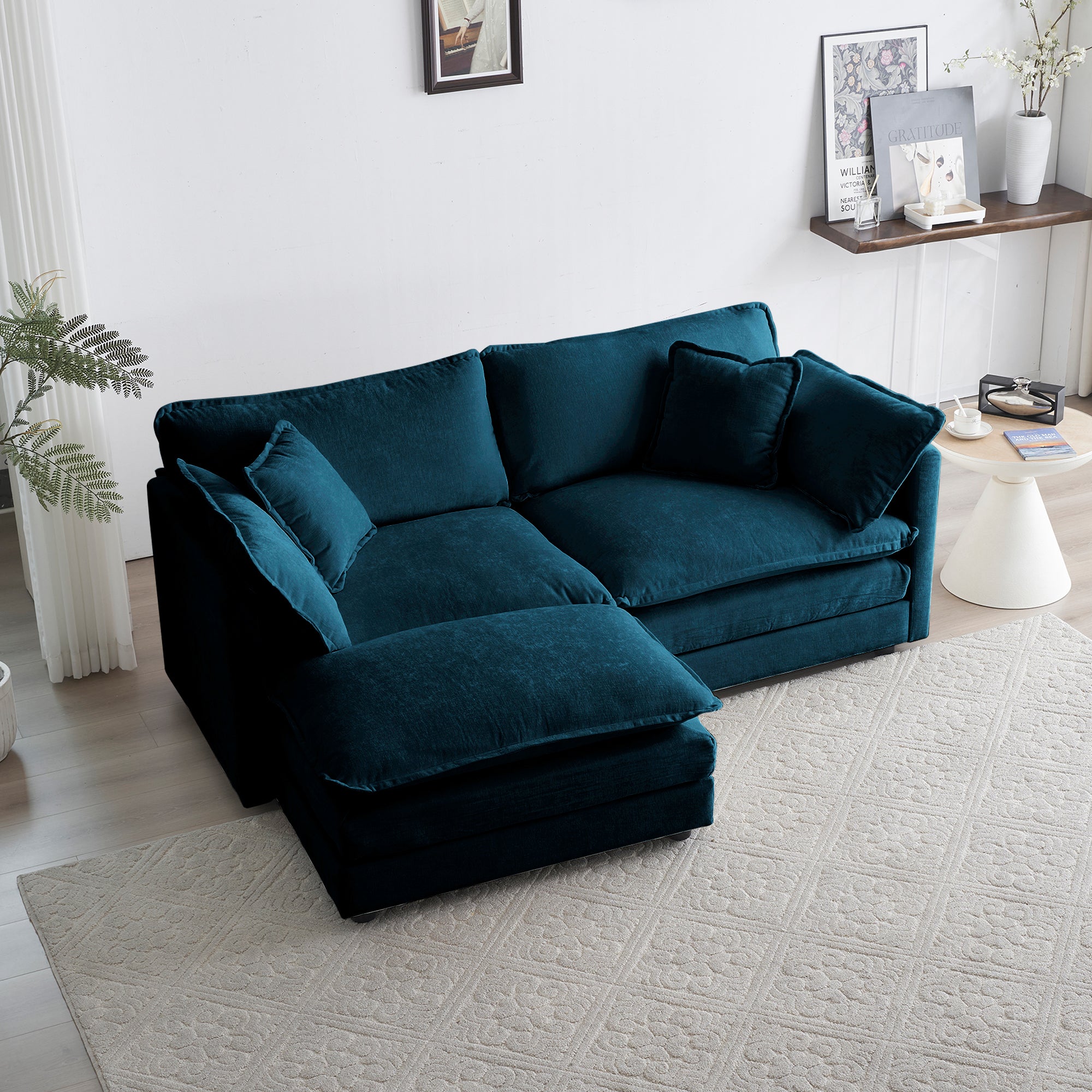 Canapé double en chenille avec 1 pédale, 2 places section en L, style ottoman bleu Chenille