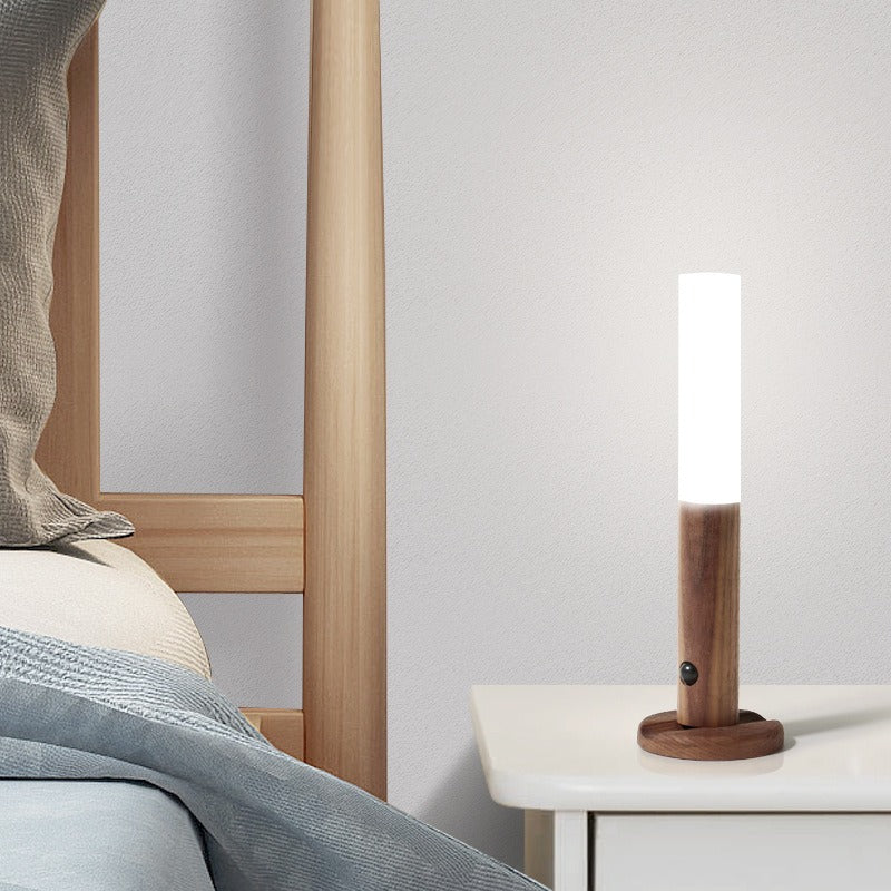 Lampe de table intelligente à capteur de corps humain, lampe de table domestique simple en grain de bois, lampe de nuit rechargeable par USB pour chambre à coucher et couloir