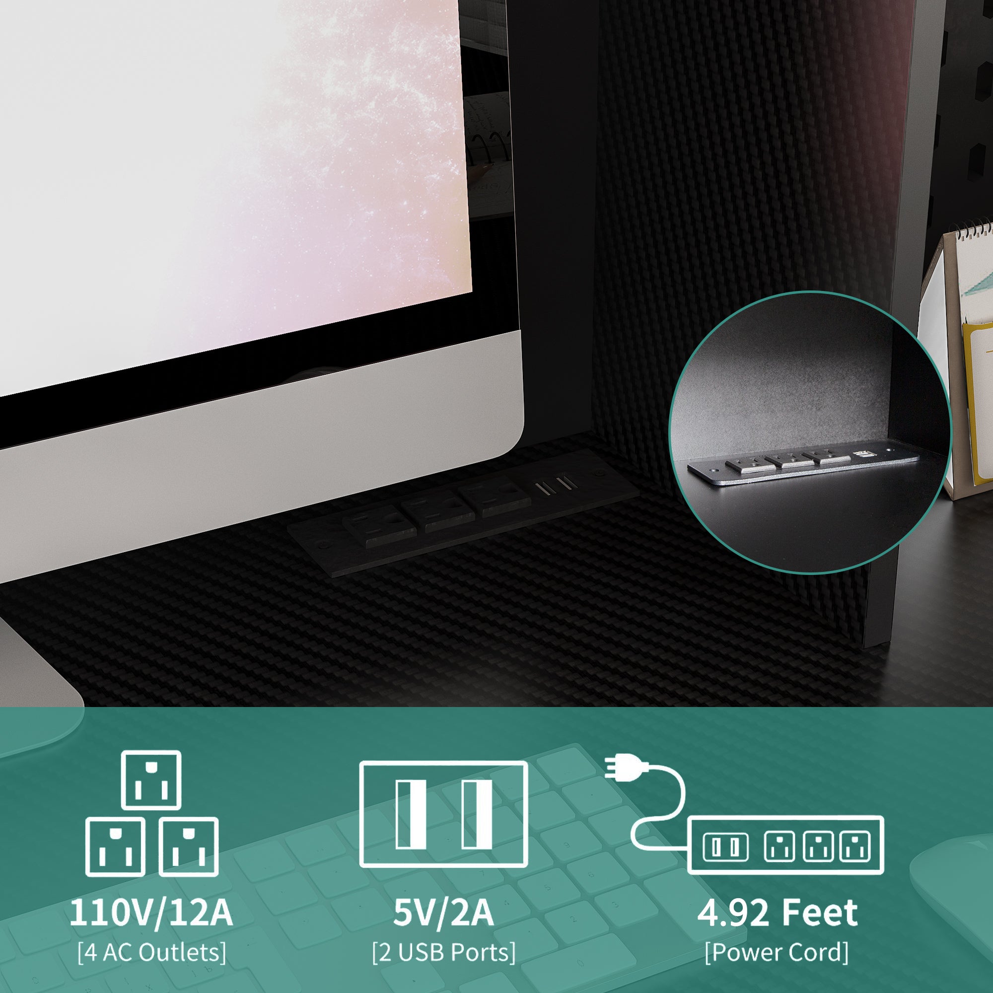 Bureau avec tiroir, étagère et chargeur, bureau moderne en L avec espace de rangement, bureau d'ordinateur de jeu d'angle