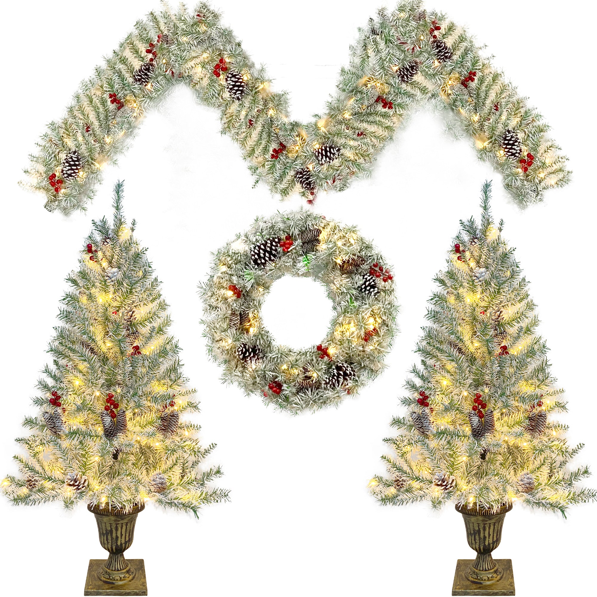 Sapin de Noël artificiel pré-éclairé, ensemble de 4 pièces, guirlande, couronne et ensemble de 2 arbres d'entrée de Noël