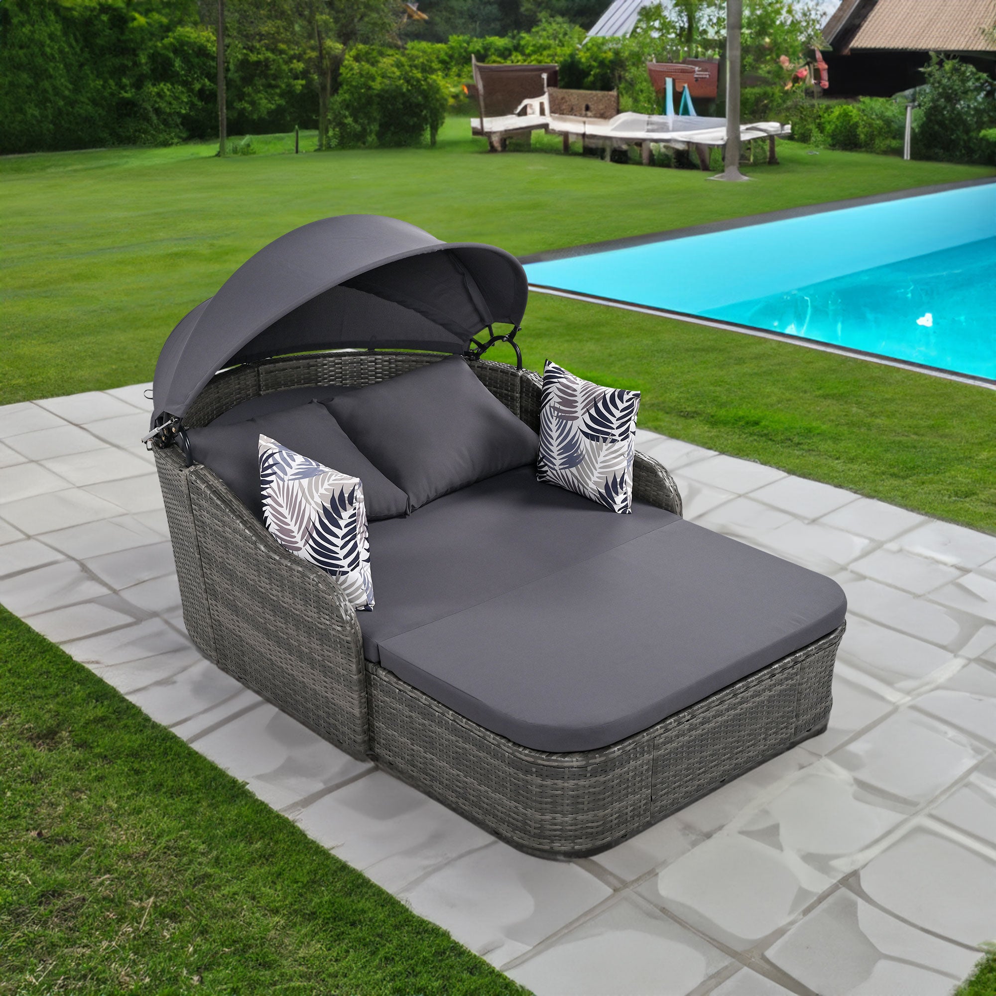 Chaise longue d'extérieur GO 79,9" avec auvent réglable, double salon, lit de repos en rotin synthétique, osier gris et coussin