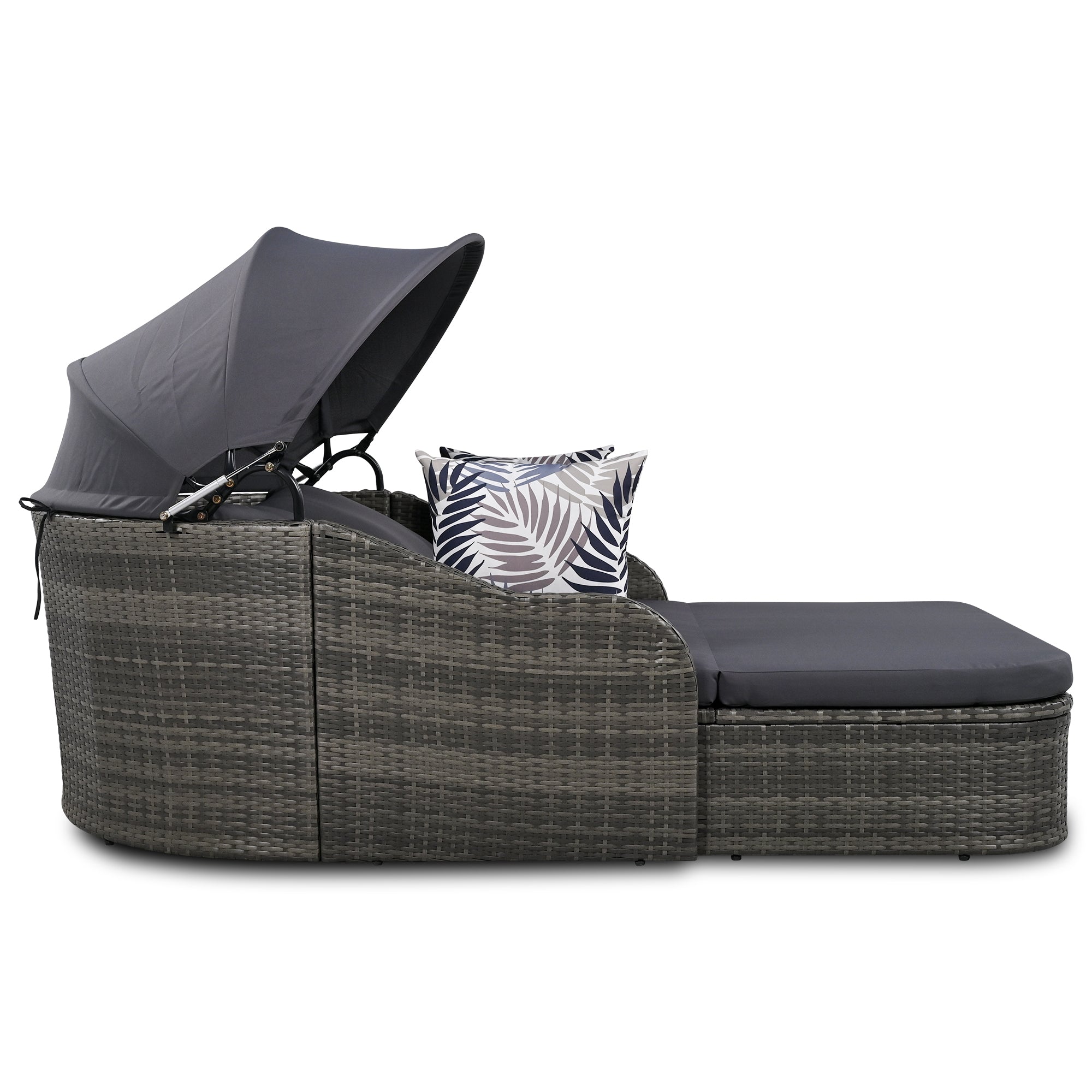 Chaise longue d'extérieur GO 79,9" avec auvent réglable, double salon, lit de repos en rotin synthétique, osier gris et coussin