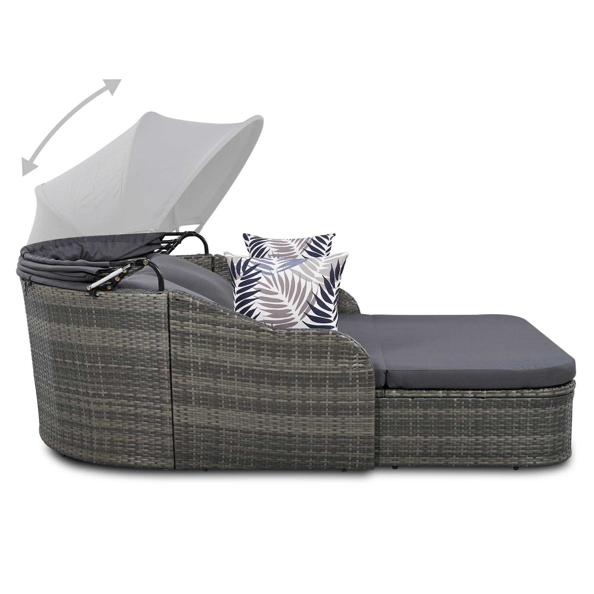 Chaise longue d'extérieur GO 79,9" avec auvent réglable, double salon, lit de repos en rotin synthétique, osier gris et coussin