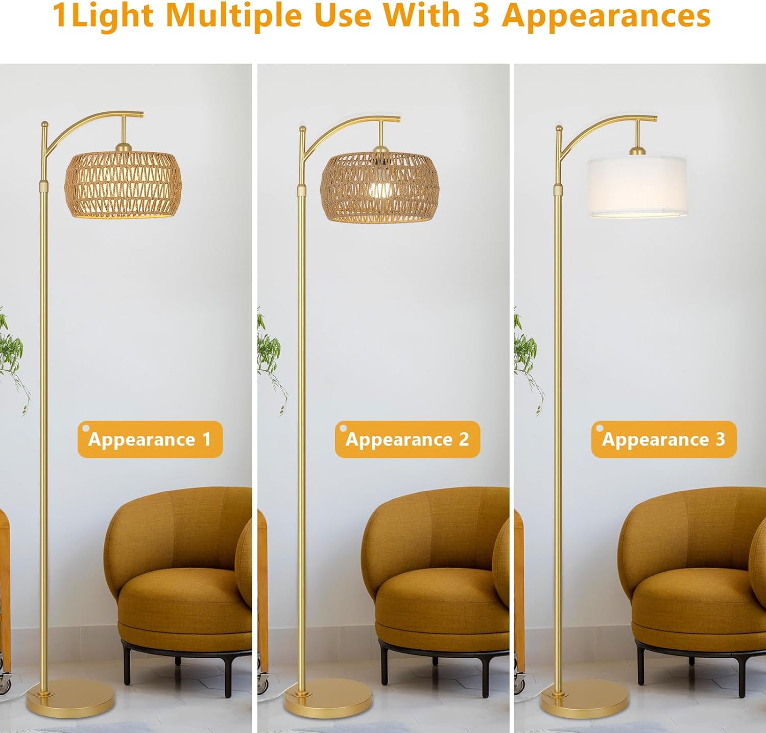 Lampadaire arqué à 3 températures de couleur, lampadaire LED doré avec télécommande et ampoule à intensité variable, lampe sur pied bohème