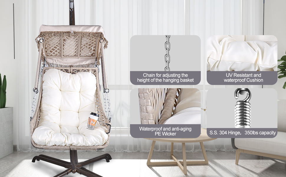 Chaise pivotante avec support, cadre en rotin et osier, capacité de 158 kg, pour patio, chambre à coucher, avec pare-soleil