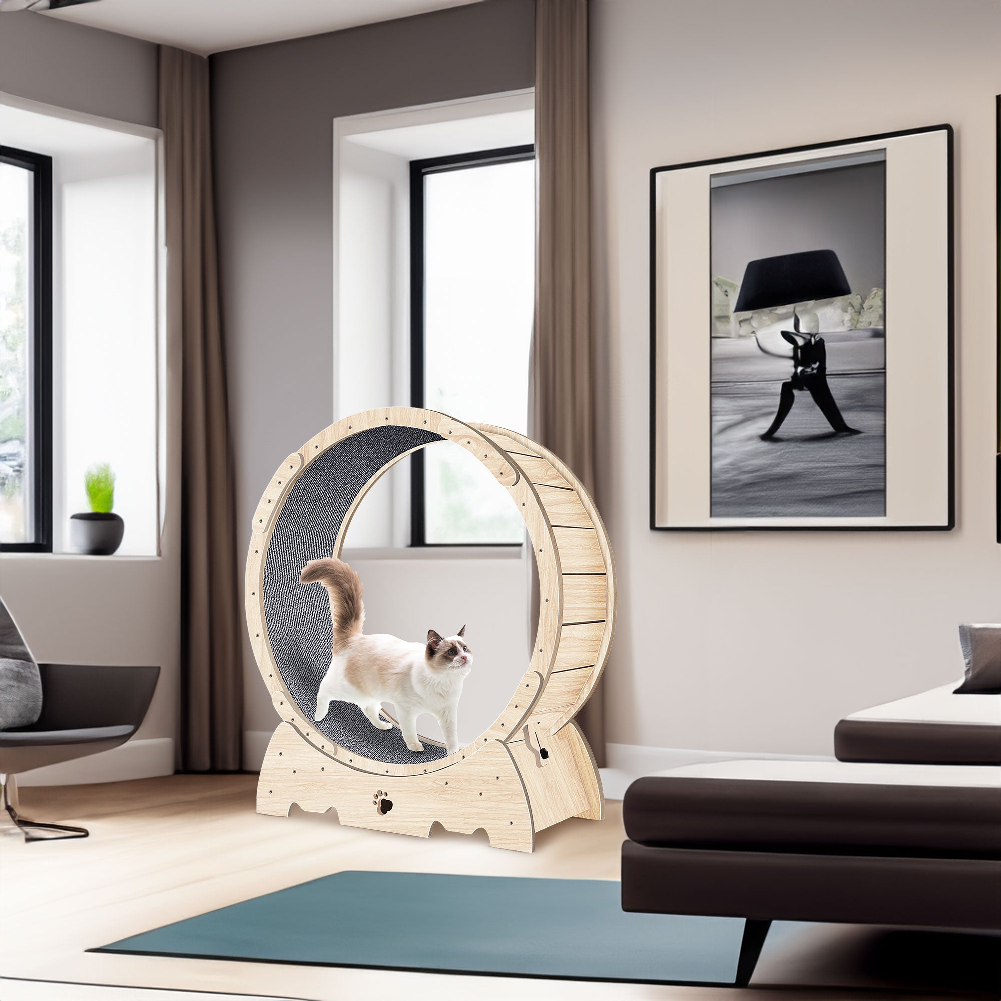 Roue d'exercice pour chats d'intérieur, roue de course pour chats avec tapis, 94 cm, couleur bois naturel