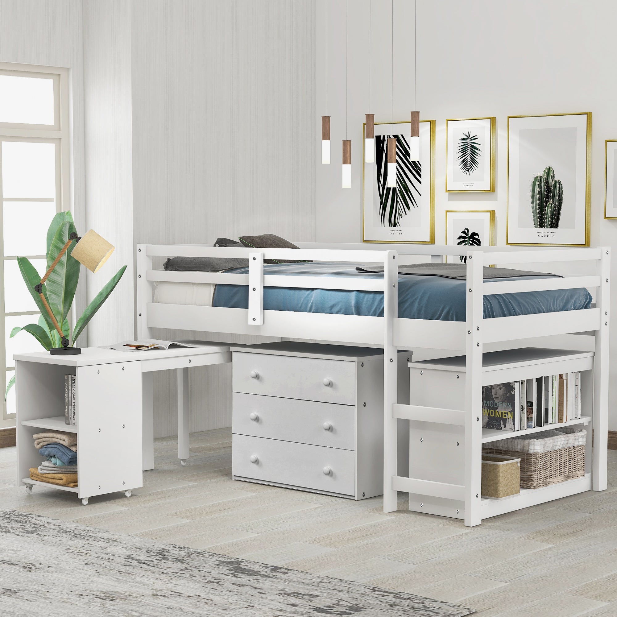 Lit mezzanine simple avec armoire et bureau roulant portable - Blanc (ANCIEN SKU : LP000113AAK)