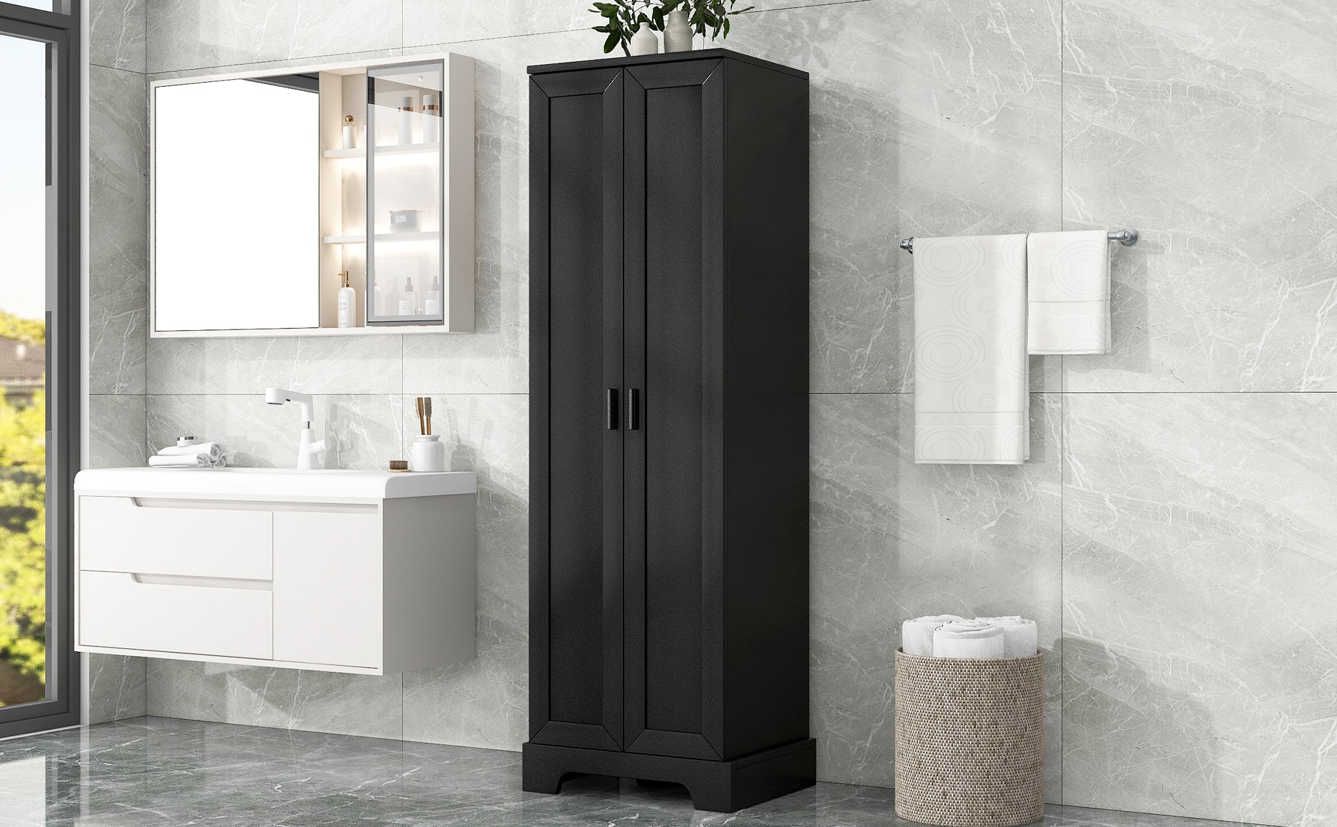 Meuble de rangement à deux portes pour salle de bain et bureau, étagère réglable, panneau MDF, noir