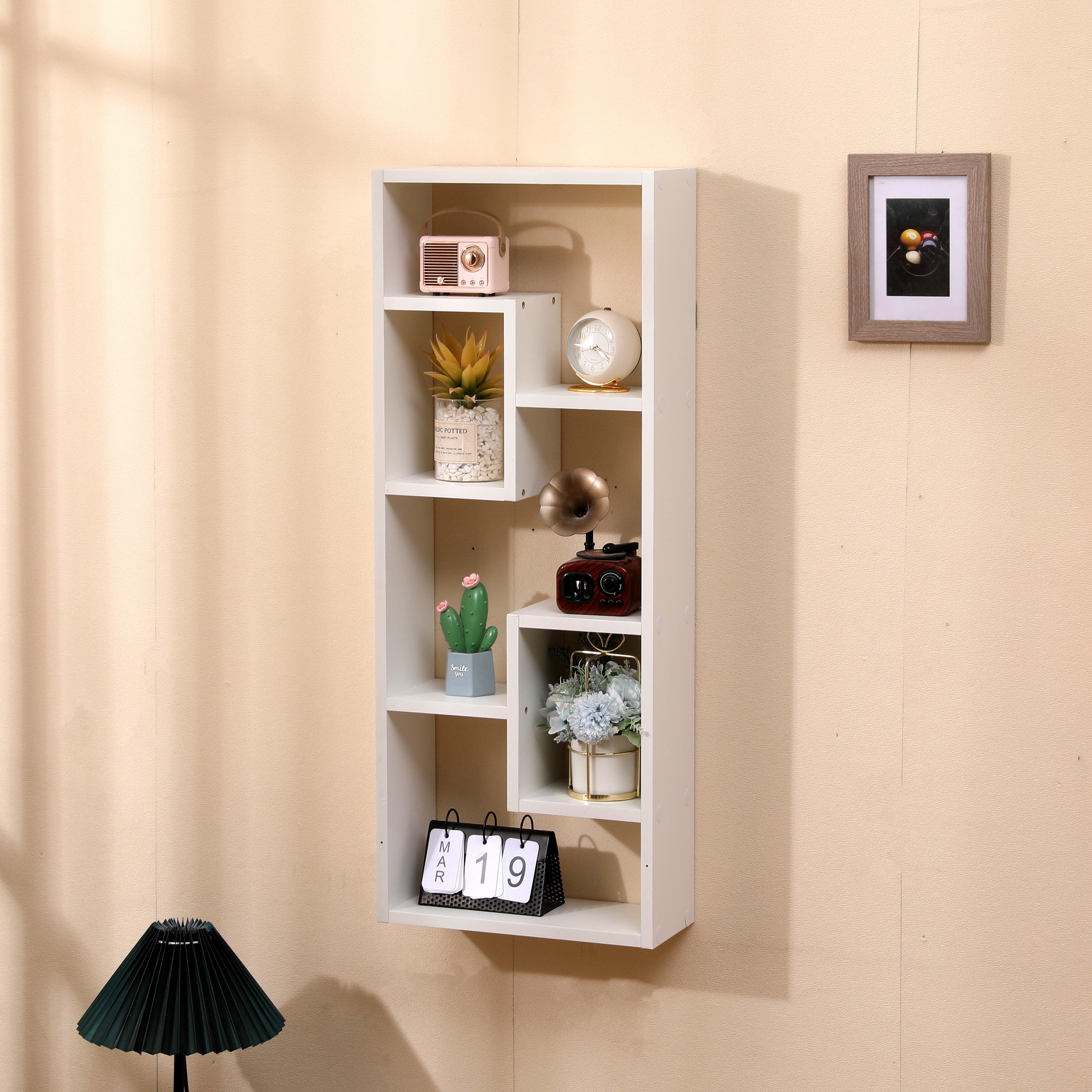 Bibliothèque, bibliothèque ouverte en bois autoportante avec 5 cubes, avec 2 crochets en trou de serrure, rangement rectangulaire décoratif pour bureau à domicile