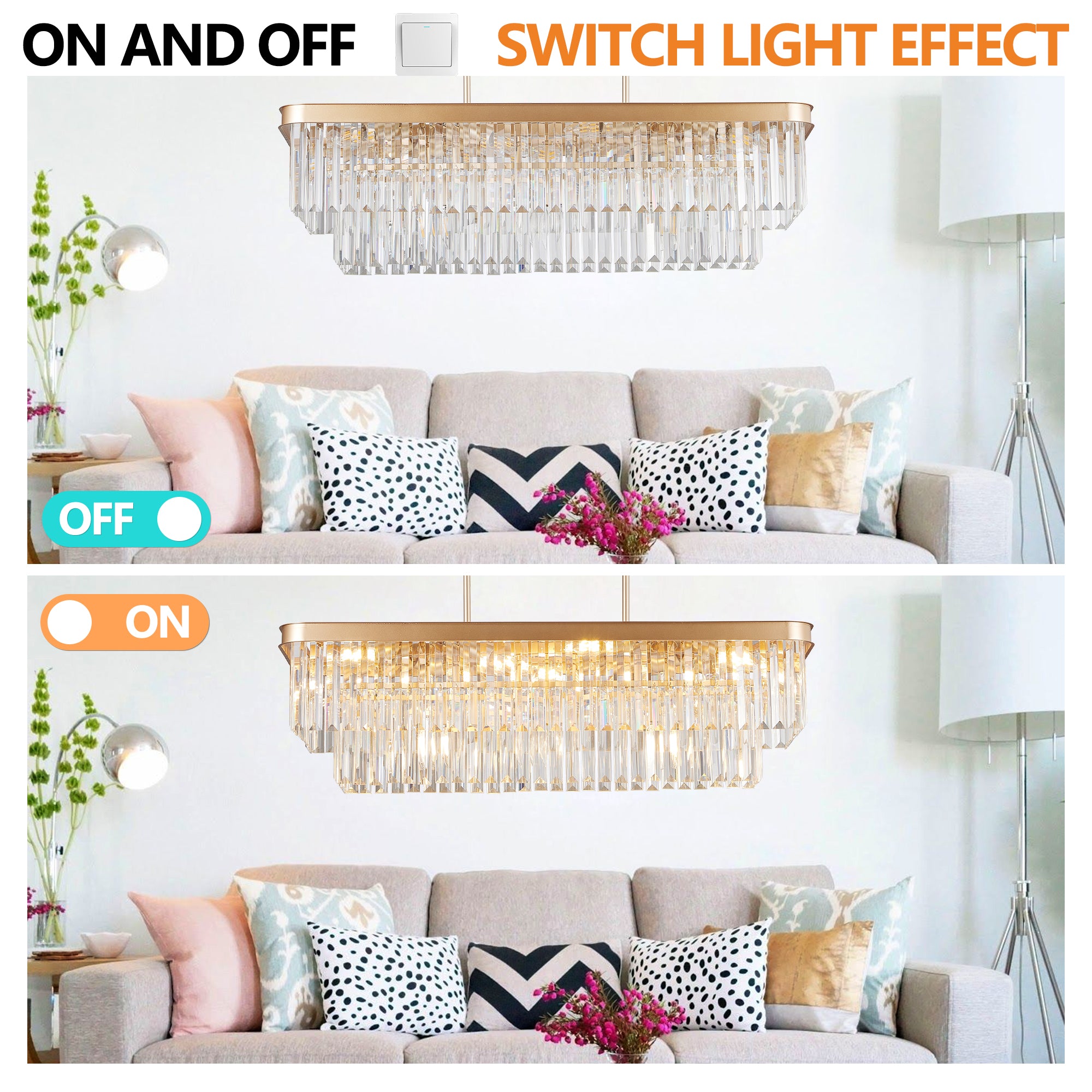 Chandeliers,Rectangular Crystal Chandelier Adjustable,E12 Modern Industrial Crystal Lights (Bulb Not Included)