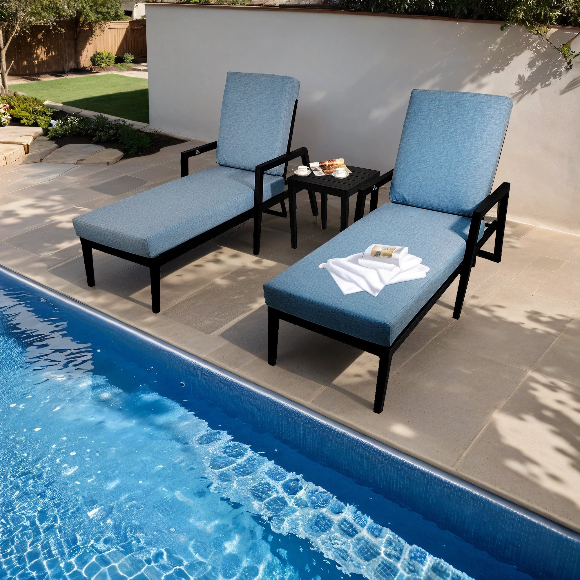 Ensemble de 3 chaises longues d'extérieur en aluminium avec 2 chaises longues et 1 table d'appoint