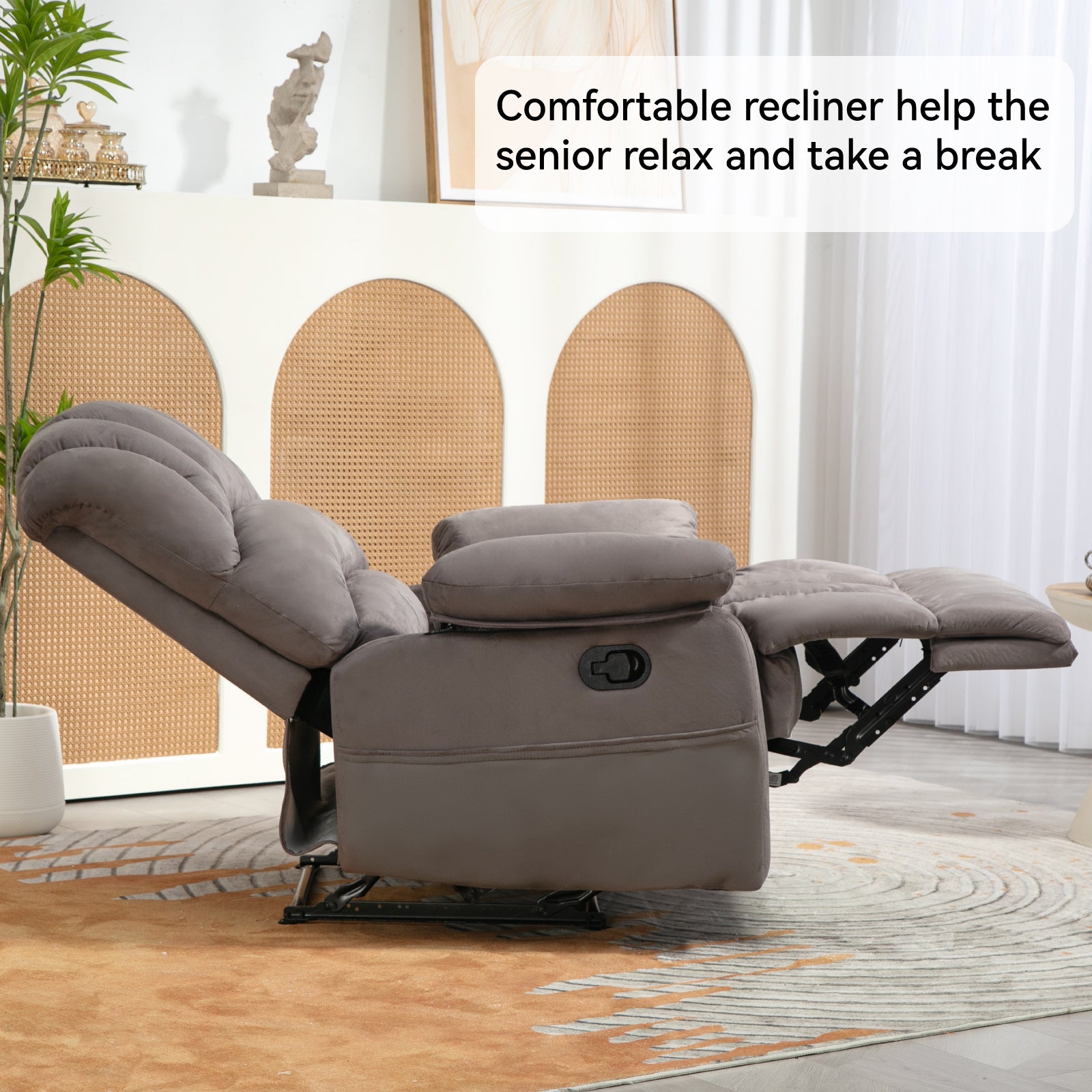Grand fauteuil inclinable manuel en tissu pour salon, gris