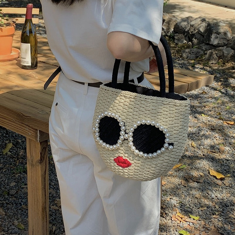 Sac à main en rotin tissé de mode japonaise, sac tissé en forme de seau d'eau de style japonais de dessin animé mignon