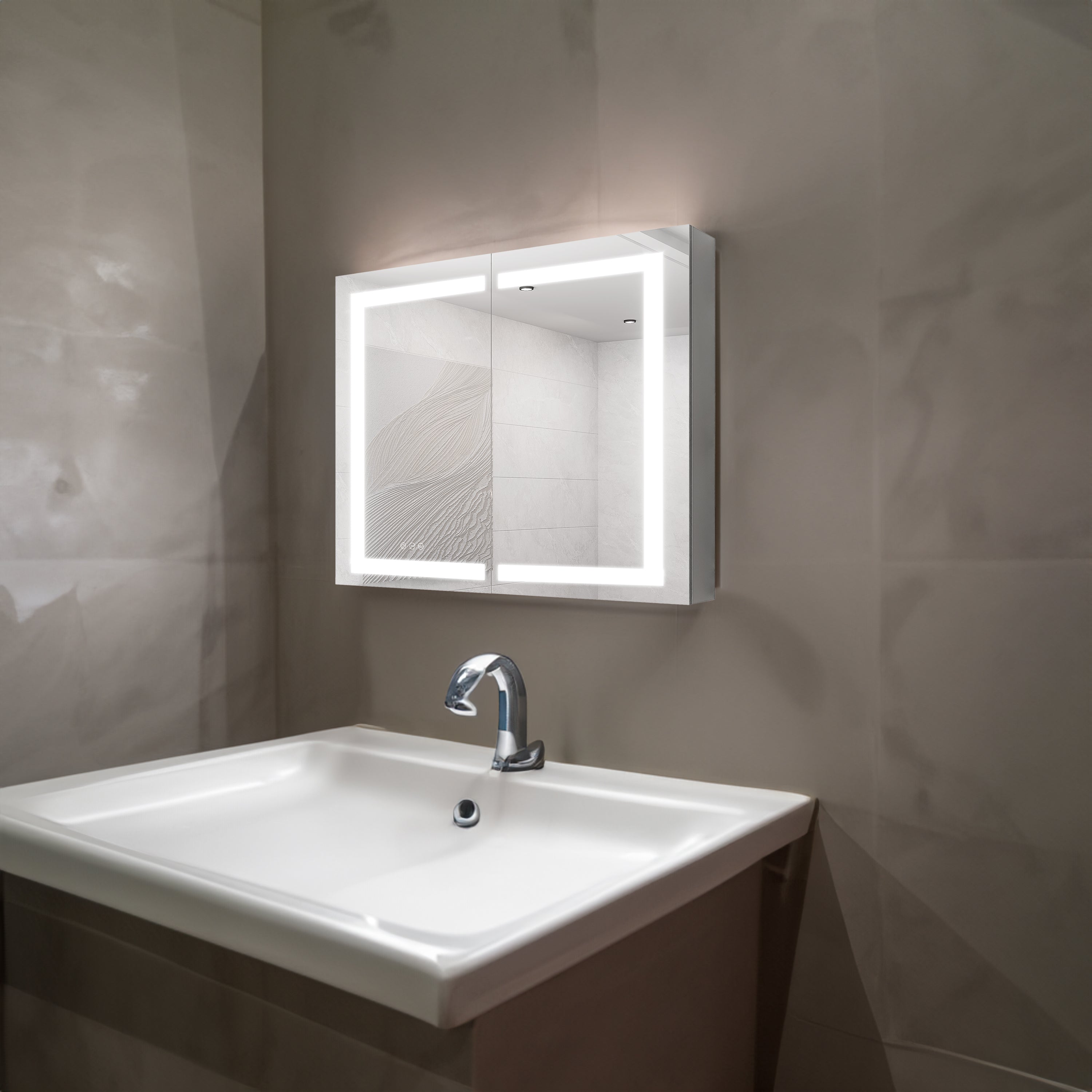 Armoire à pharmacie 36 x 30 pouces avec miroir de courtoisie à LED, antibuée, encastrée ou en saillie, étanche, à intensité variable, en aluminium, avec éclairage 3000 K ~ 6000 K, double porte et interrupteur tactile.