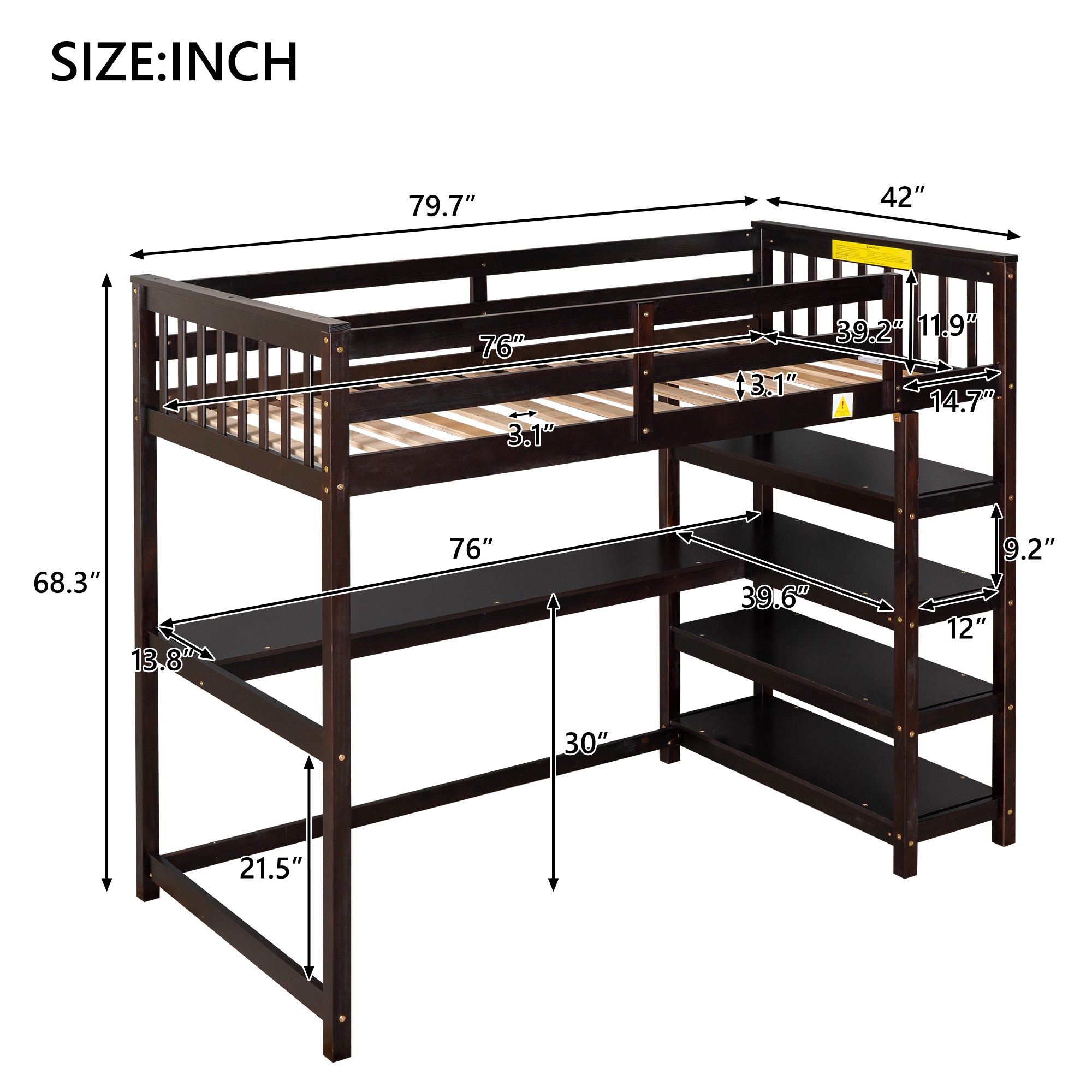 Twin Size Loft Bed with Storage Shelves and Under-bed Desk Espresso