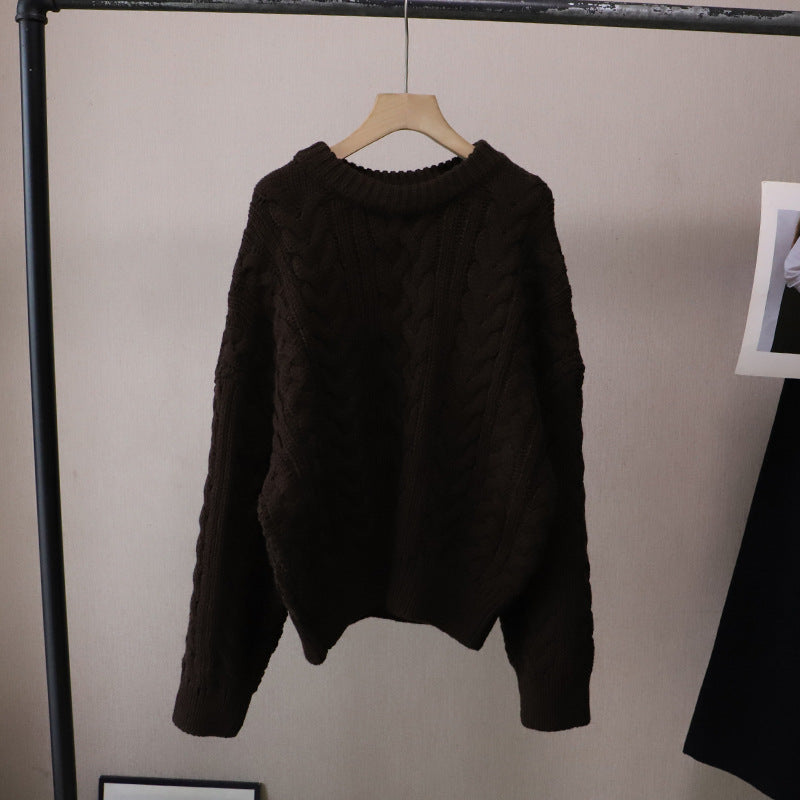 Round Neck Cable Knit Loose Lazy Versatile Thick Knitted Sweater for Women