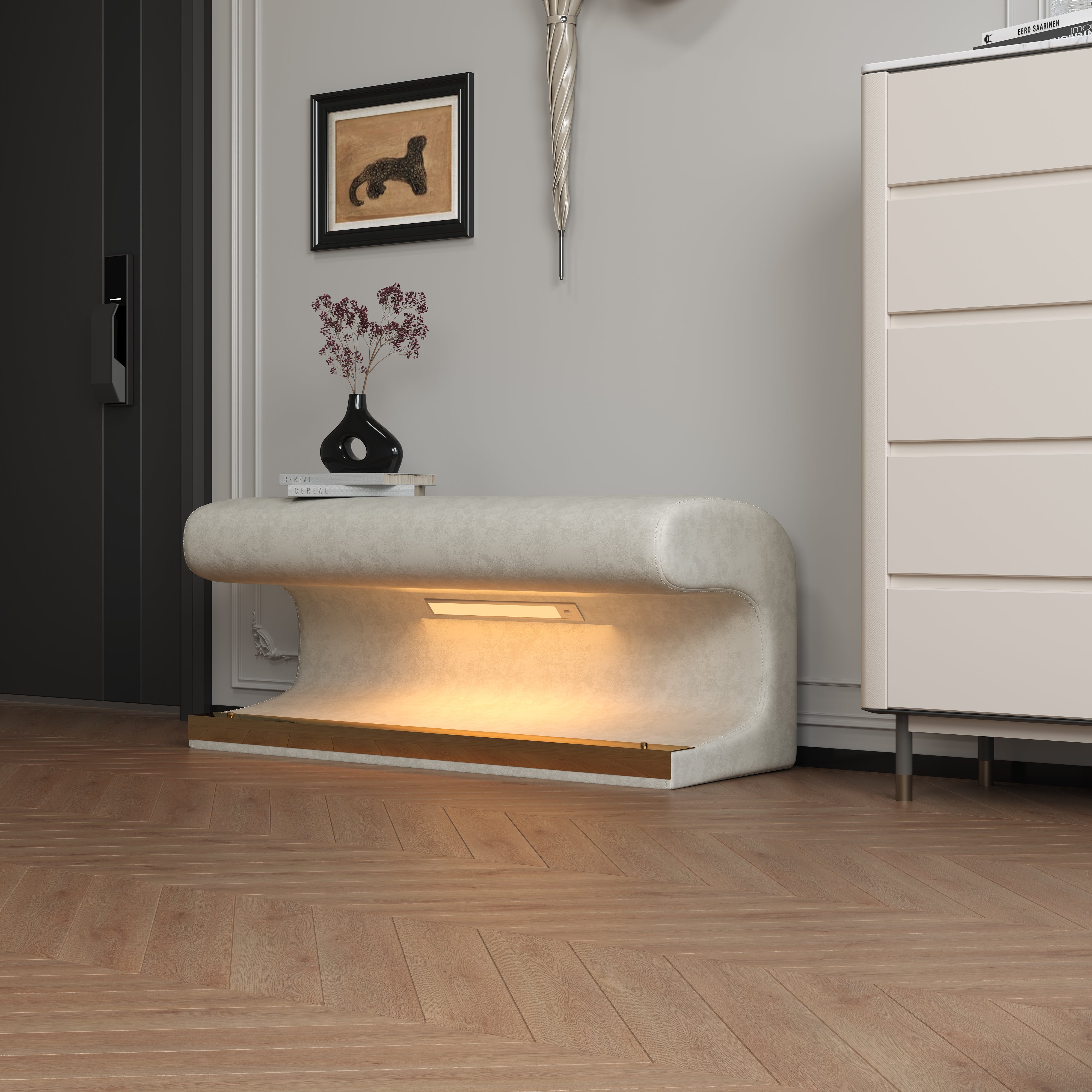 Banc d'entrée ottoman rembourré en cuir avec lumière à capteur LED pour salon, chambre, bout de lit, beige