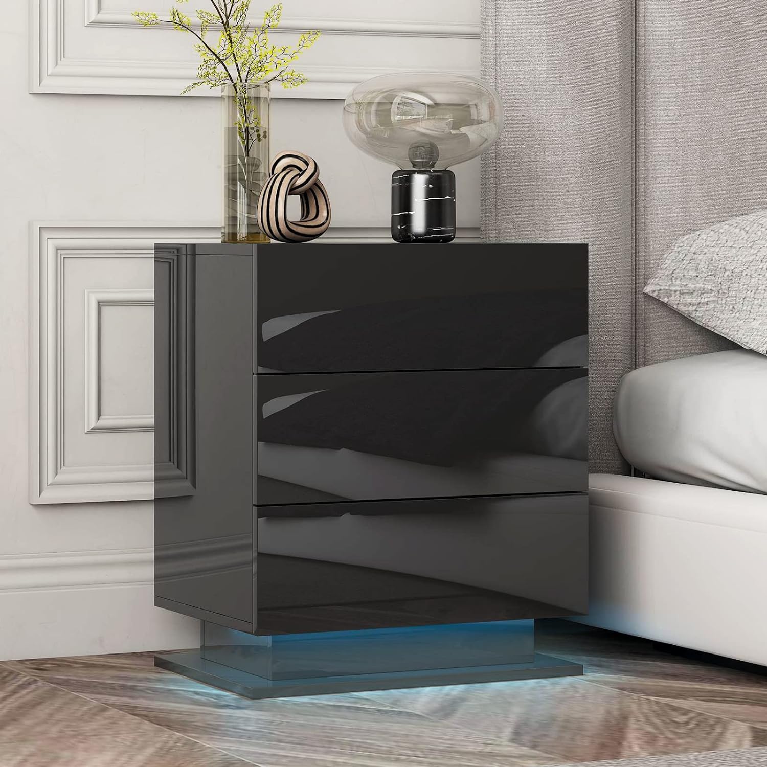 Table de chevet avec 3 tiroirs de rangement, lumières LED, table d'appoint pour chambre à coucher