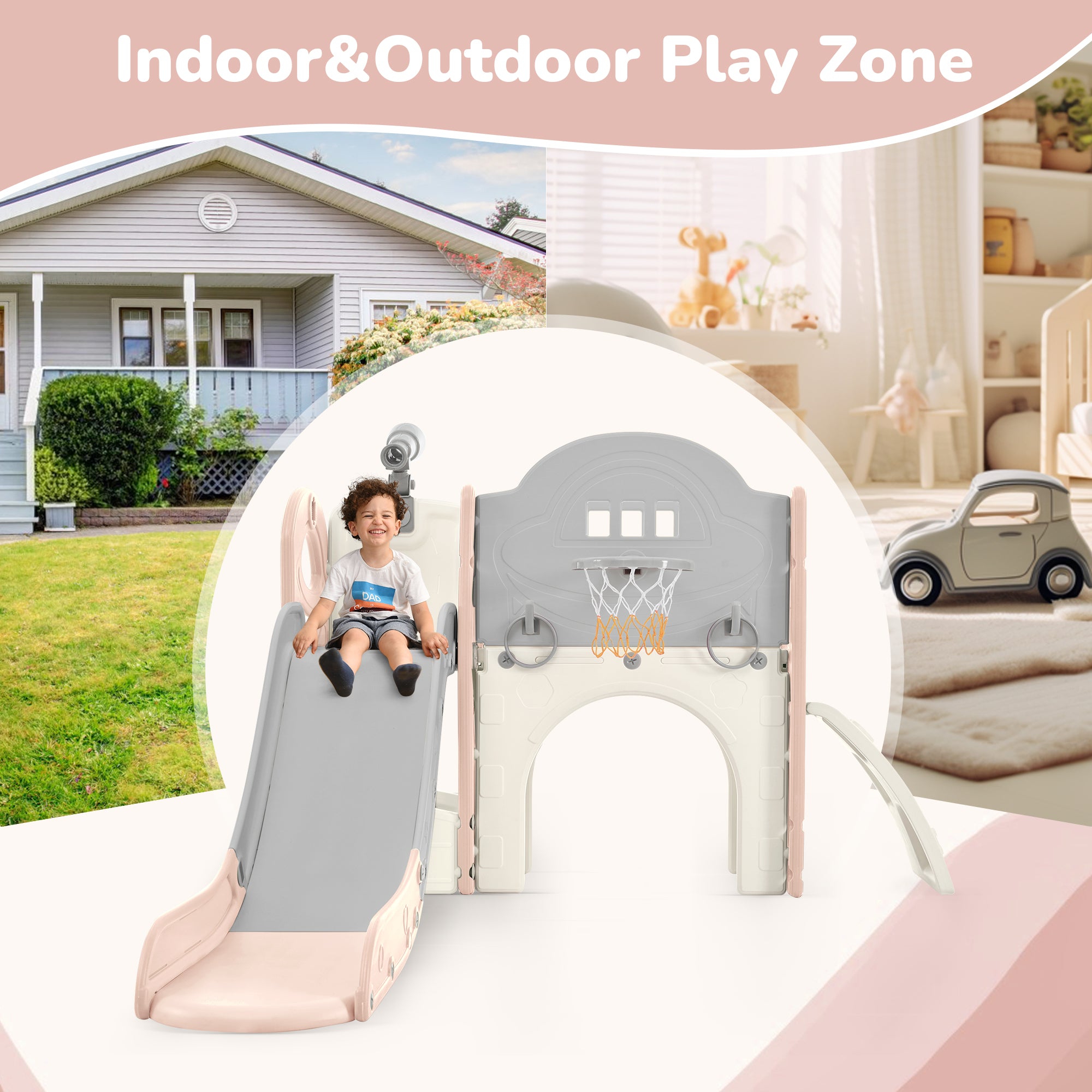 Structure de jeu pour enfants 7 en 1, vaisseau spatial autonome avec toboggan, tunnel en arche rose et gris + PEHD