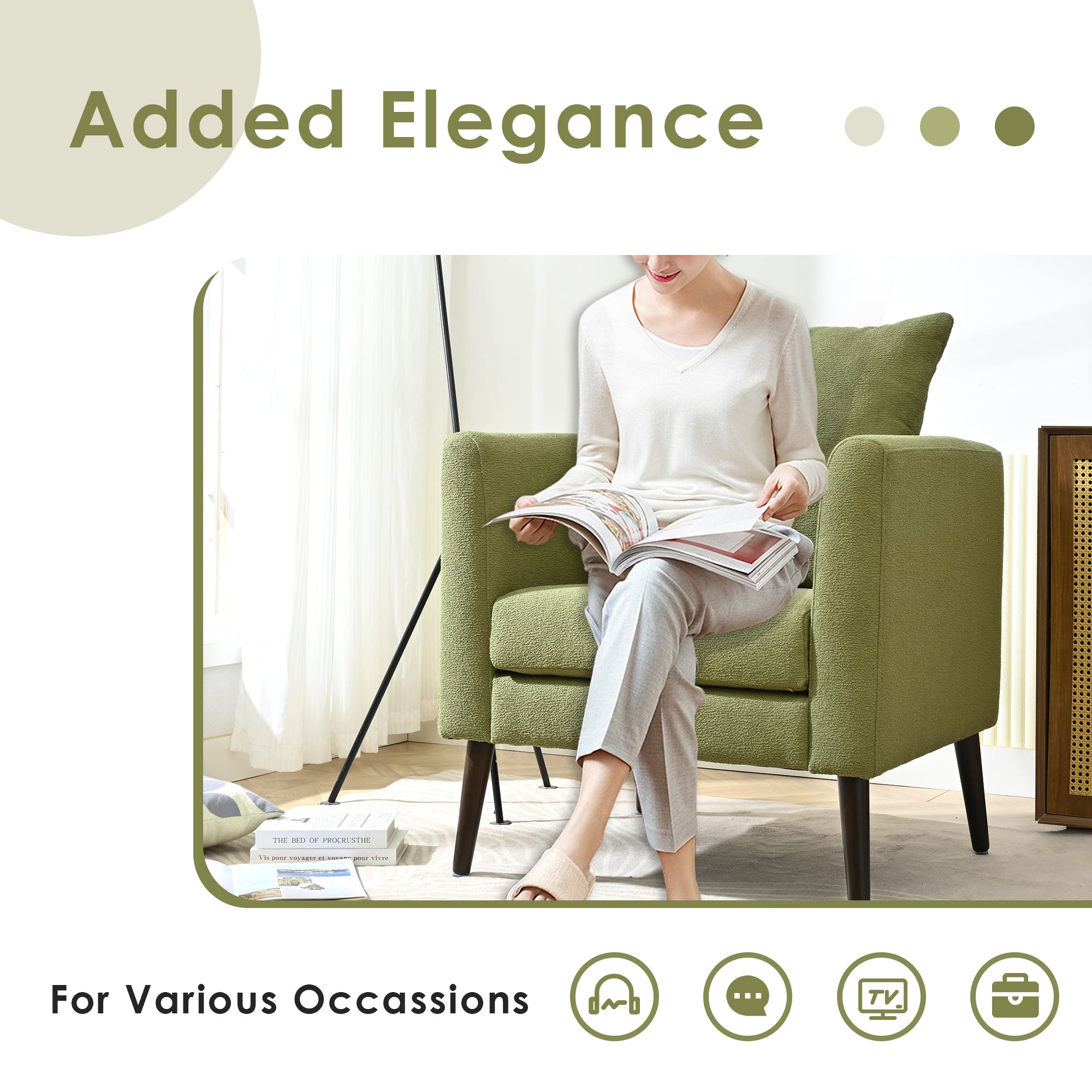 Chaise tonneau, chaise de style moderne, fauteuil en tissu, fauteuil club, fauteuil avec coussin de jambe en bois massif, coussin de taille vert olive