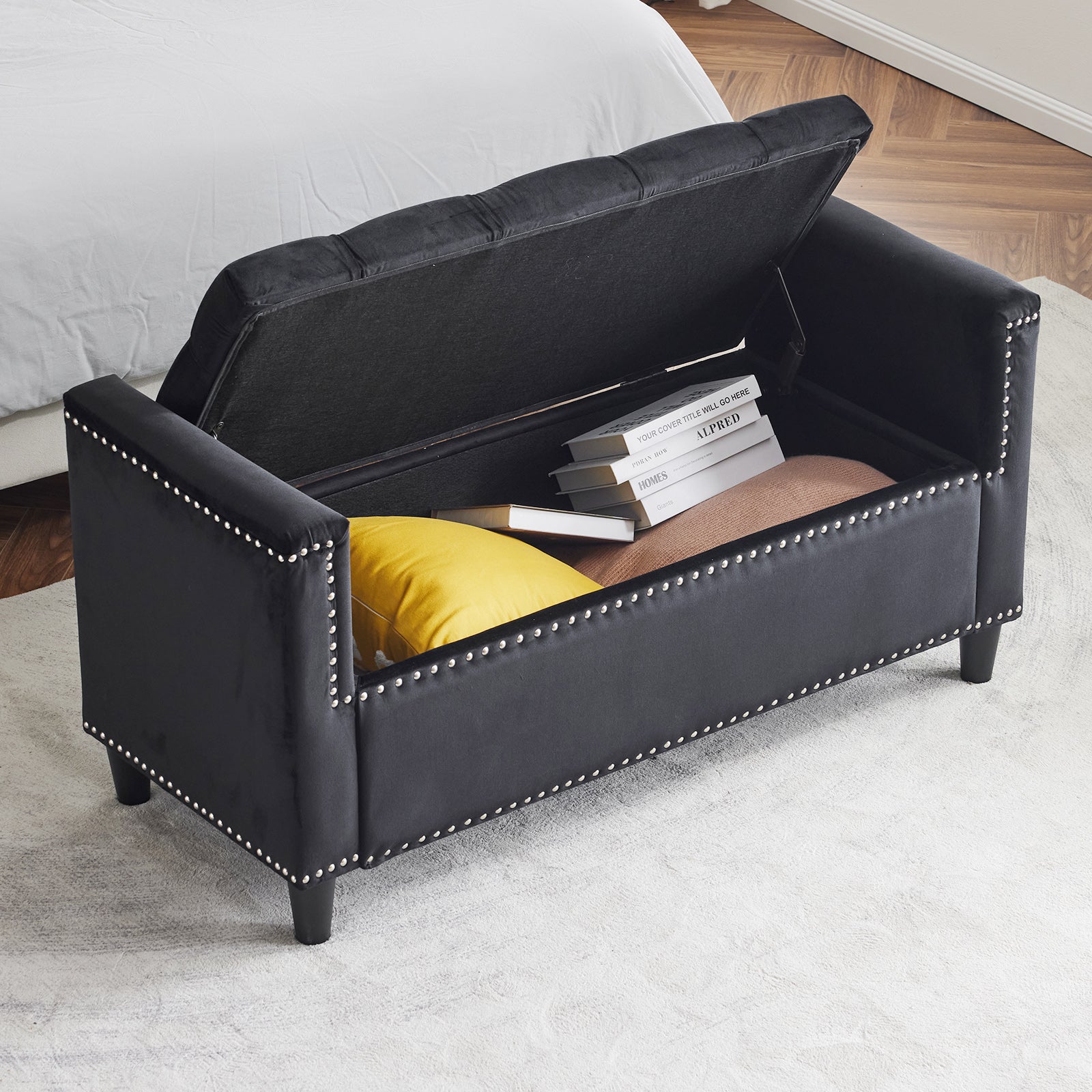 Storage Bench, 44.5-Inch Queen Velvet Button Bedside Bench, Entryway Living Room with Armrests, Nailhead Trim Black