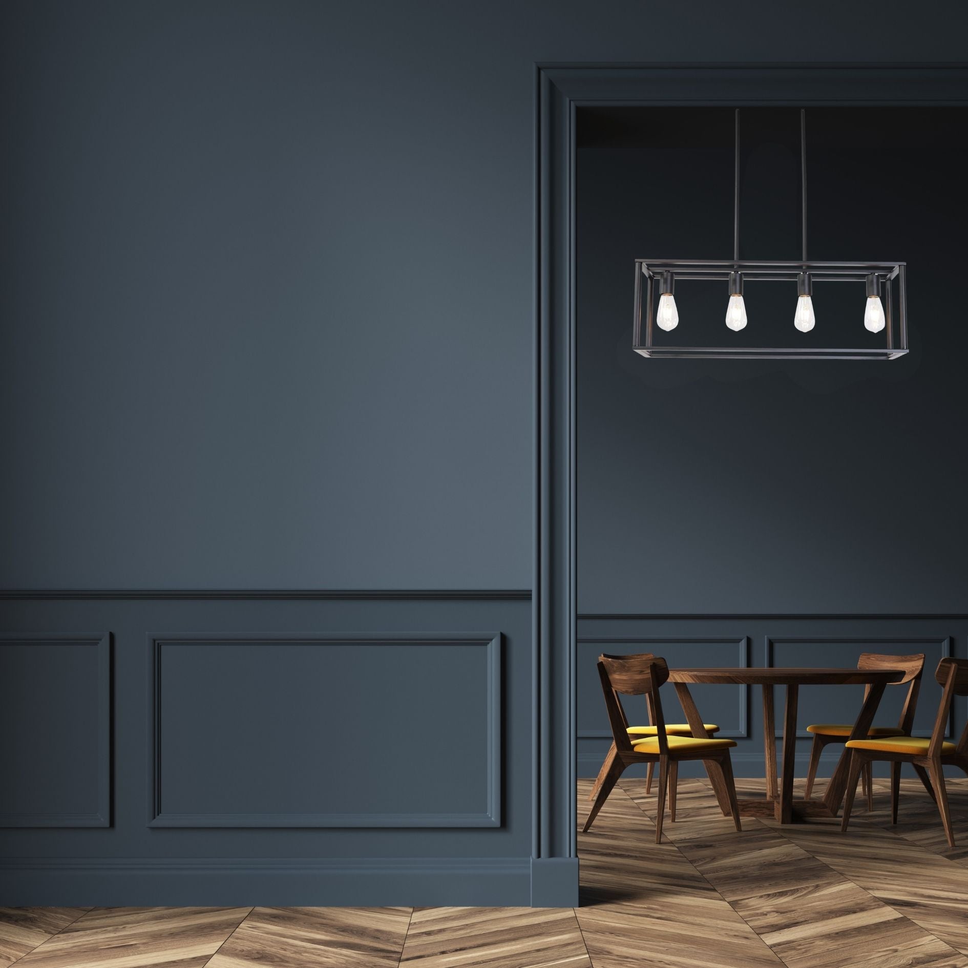 Pendant Lighting 4 Light Industrial Vintage Open Frame Rectangle Chandeliers Modern Black Linear Cage Ceiling Light Fixture