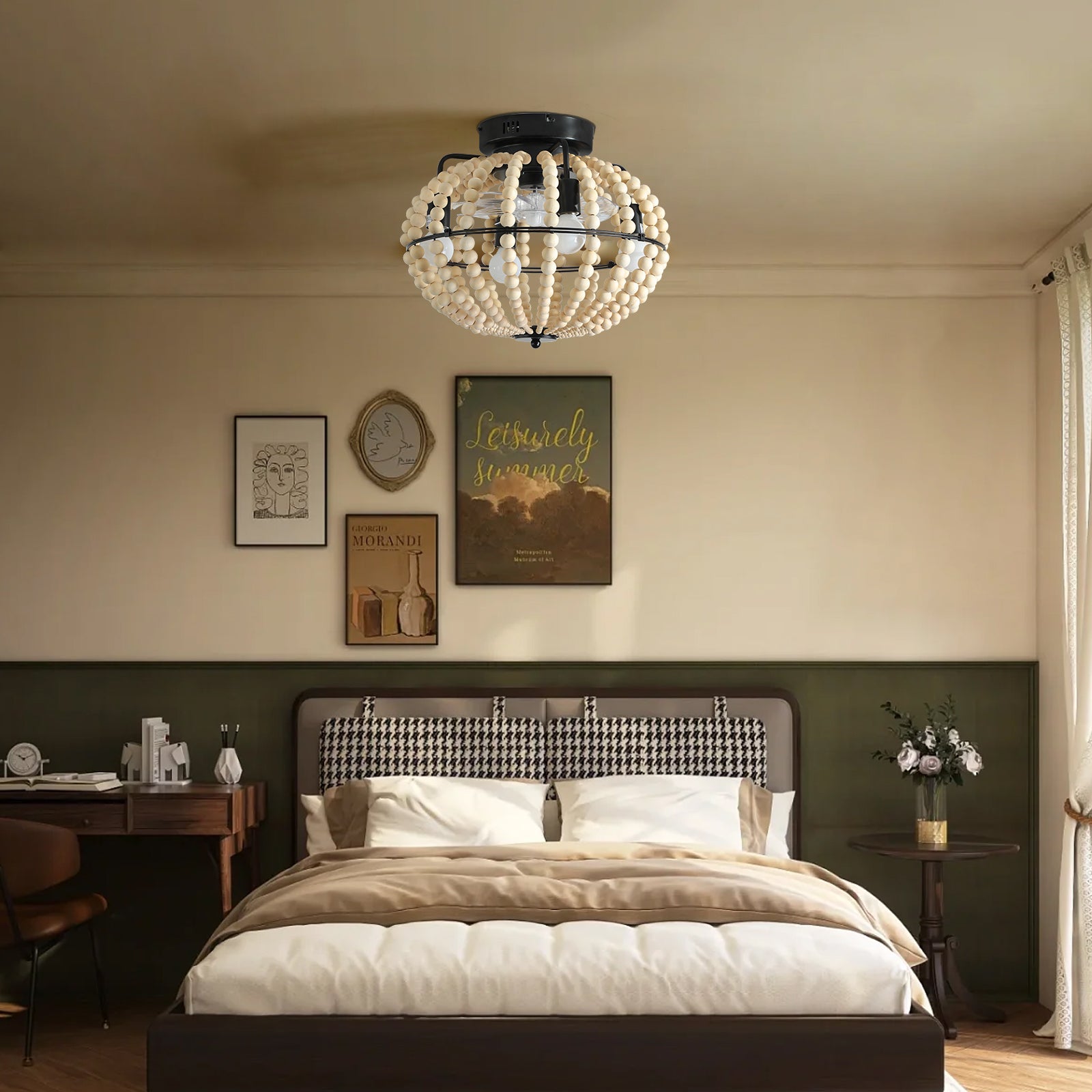 Lampe éventail perlée Lustre en bois perlé Chêne Blanc
