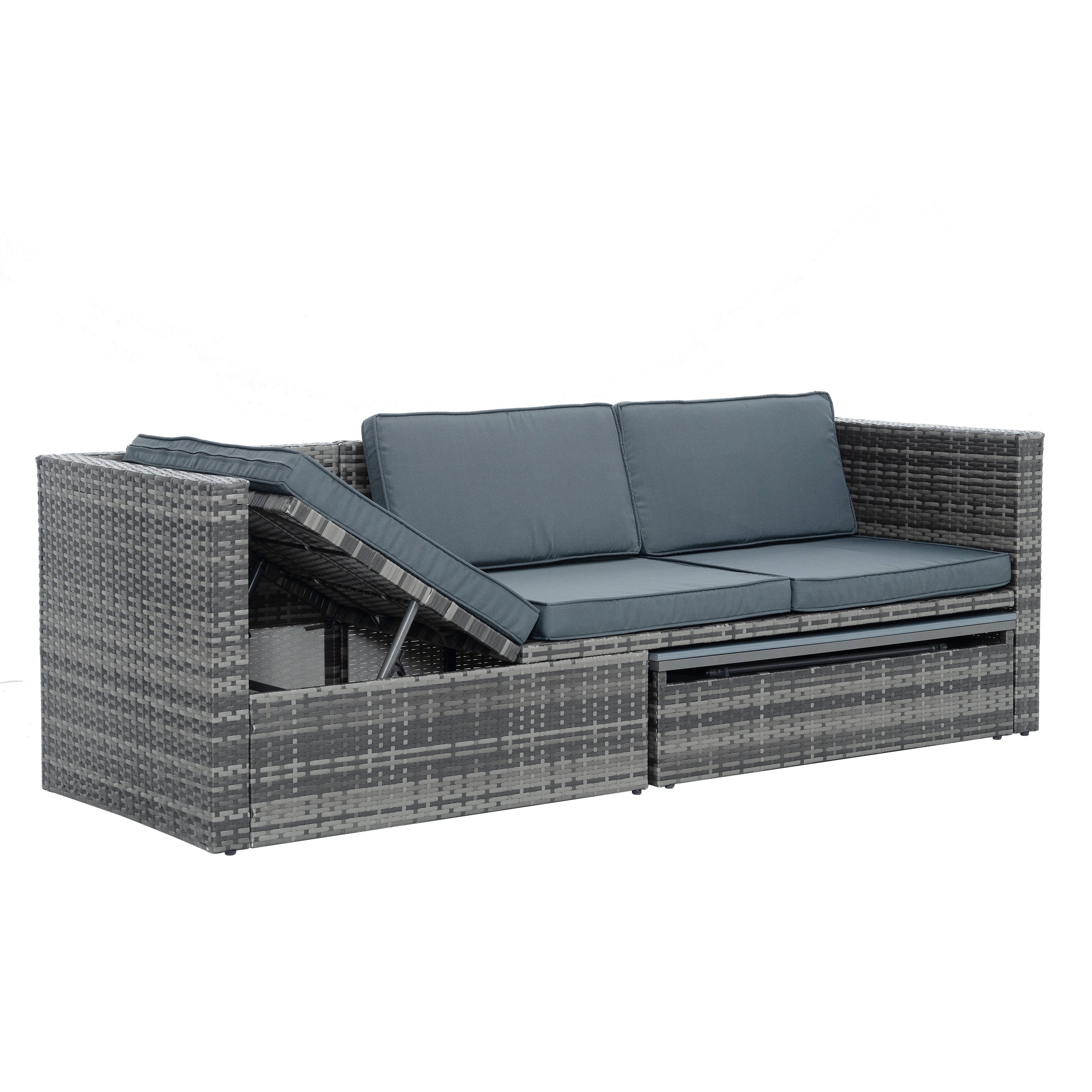 Mobilier de jardin, mobilier d'extérieur, mobilier saisonnier en osier PE, ensemble de 5 meubles en osier avec table basse en contreplaqué