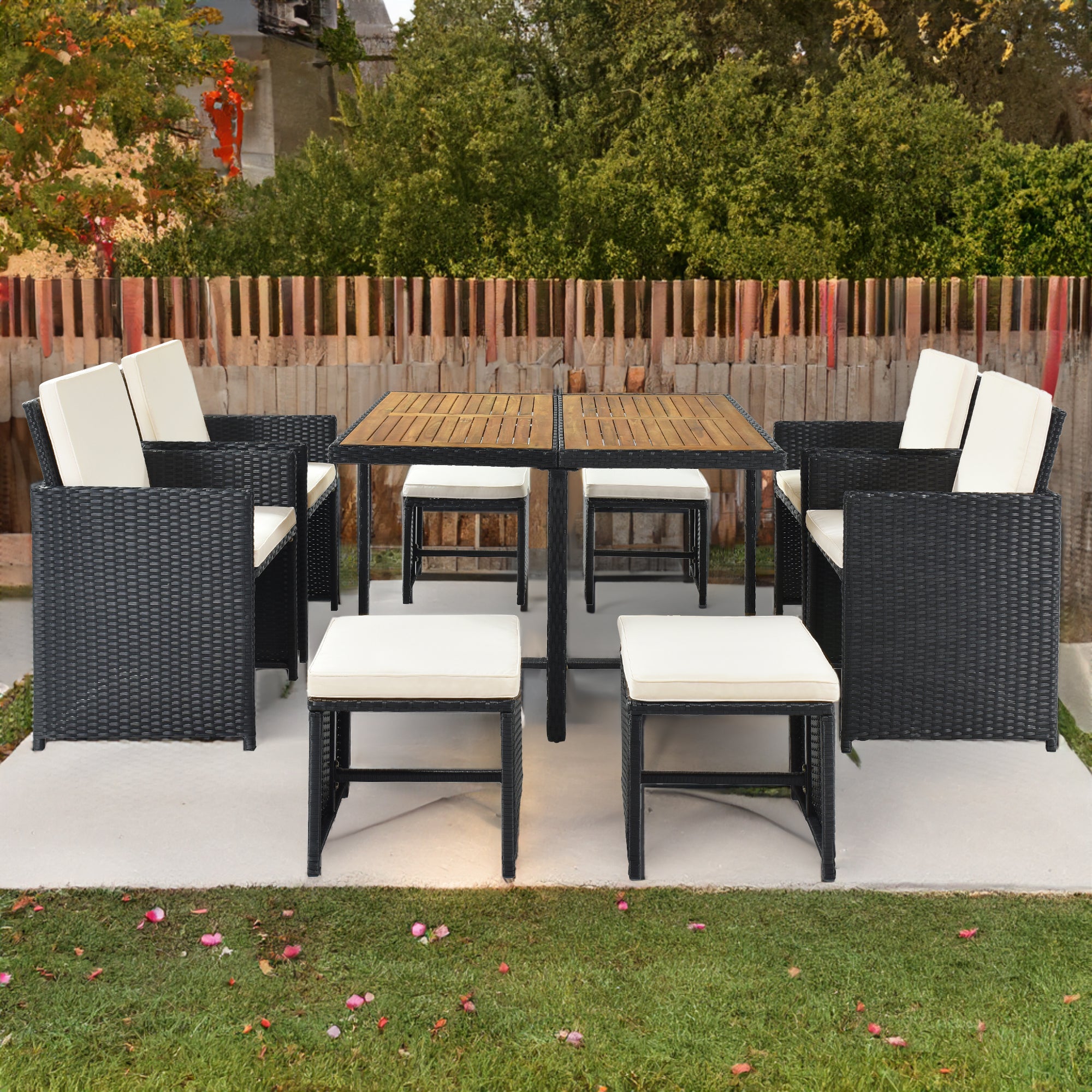 Ensemble de salle à manger TOPMAX Patio en osier PE toutes saisons avec plateau en bois pour 8 personnes, rotin noir et coussin beige (9 pièces)